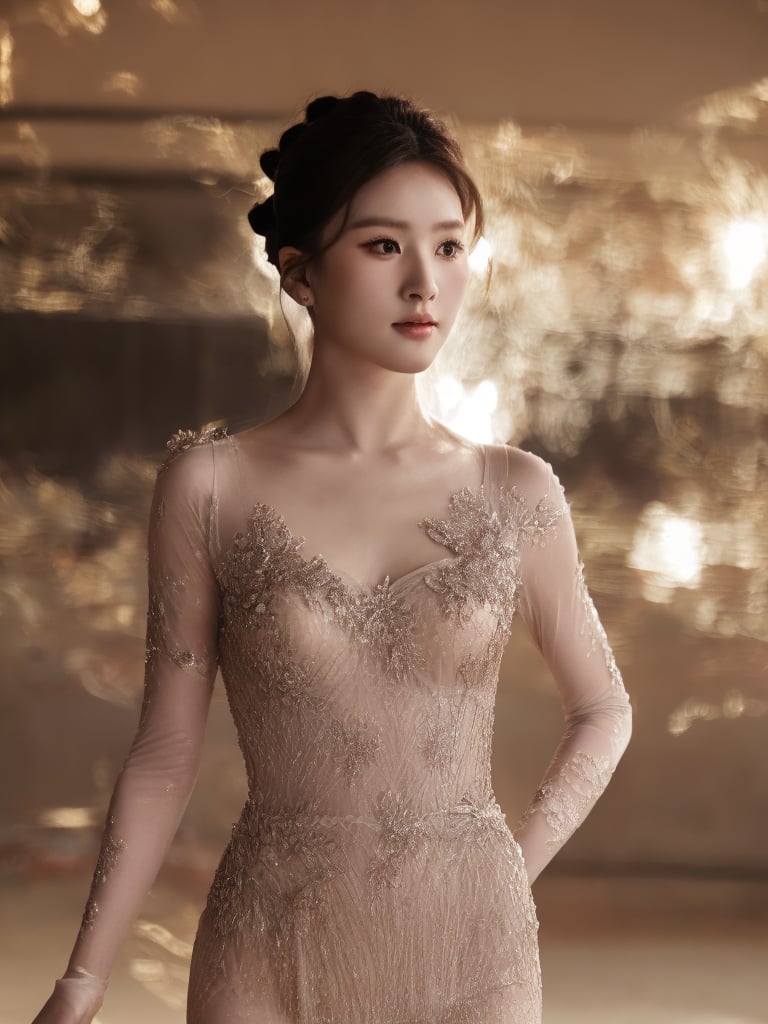 A 45yr beautiful women named Zhao lusi standing pose full body potrait highly detailed realistic face with lighting and shadow control on face and hair photorealistic,Lens Flares,perfect split lighting,shaded face,Young beauty spirit 