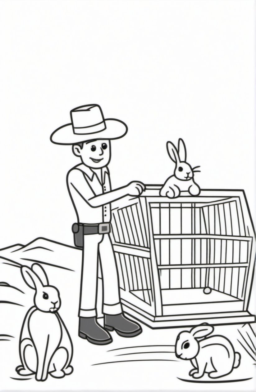coloring page, black and white, drawing of: cowboy, helping rabbit, of: a small cage, background: desert
