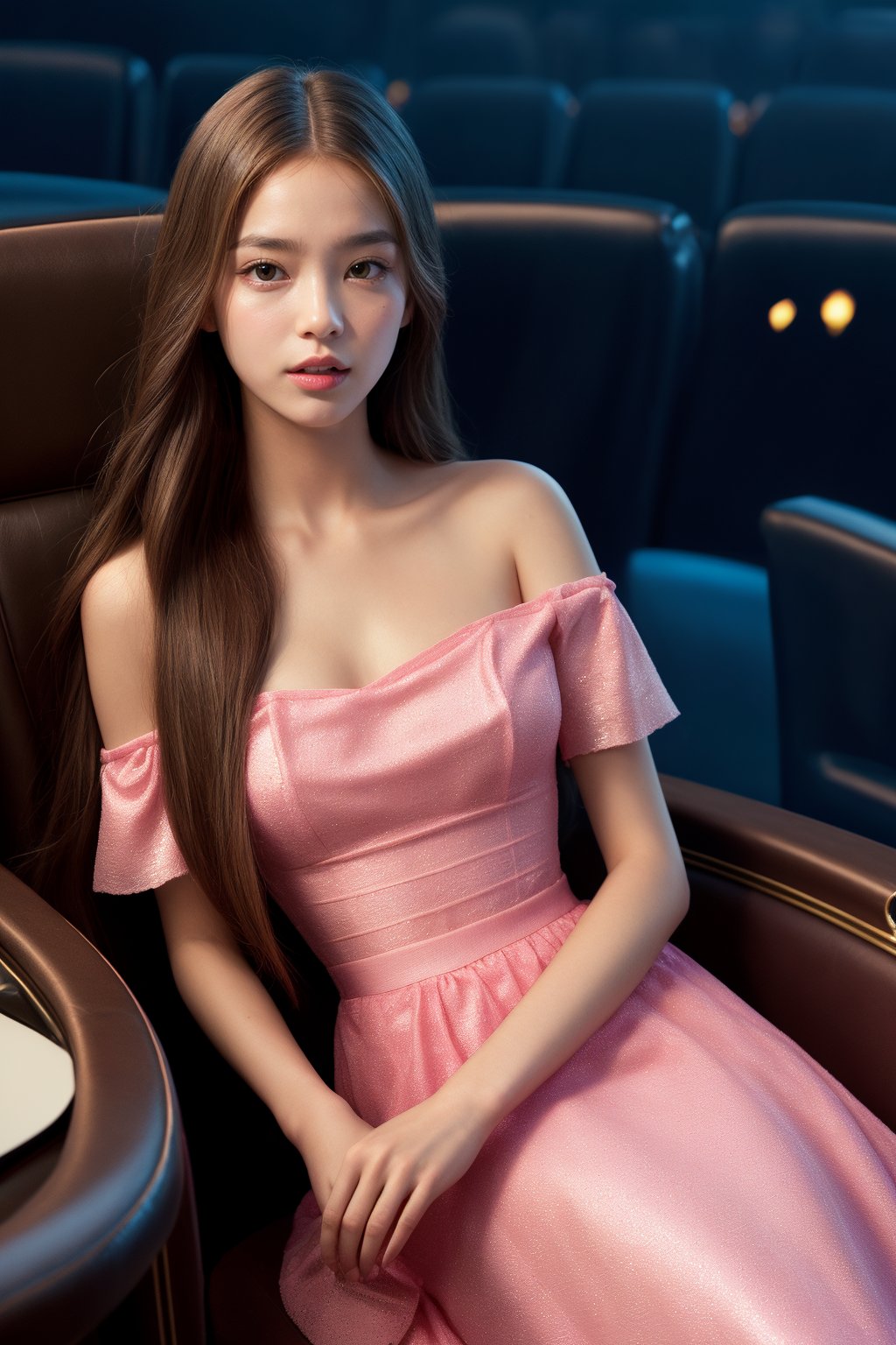 
masterpiece, best quality, photorealistic, raw photo, 1girl, long hair,  pink dress with off_shoulder, detailed skin. seated on a chair at the cinema in dark background
