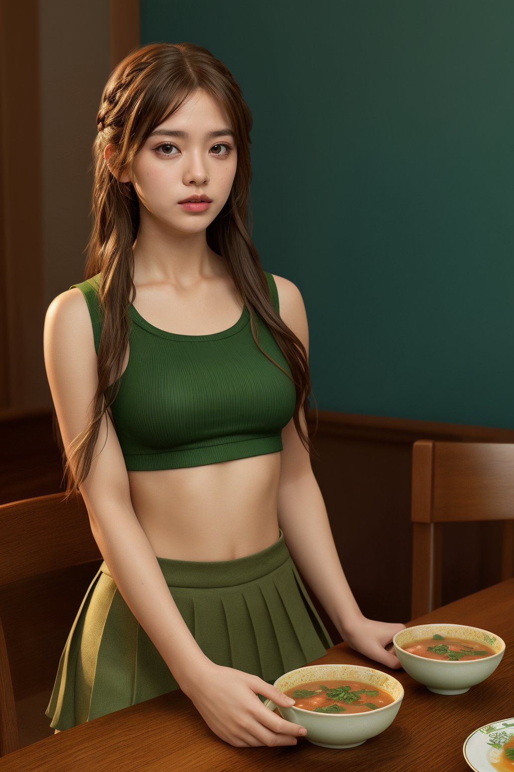 
masterpiece, best quality, photorealistic, raw photo, 1girl, long hair, green crop top and skirt serious expression, detailed skin. sitting on a chair at  dinner table with a bowl of soup in her hands
