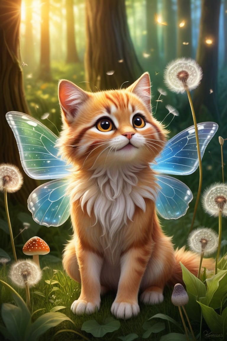 A charming and adorable scene featuring a cute cat with puffed cheeks blowing on a dandelion. The cat's fur is soft and fluffy, with expressive, wide eyes that radiate innocence and curiosity. The scene is set in a whimsical fairy tale world, filled with vibrant, colorful flowers, and lush green grass. In the background, towering mushrooms, sparkling fairy lights, and magical creatures like fairies and butterflies flutter around. A gentle, golden light filters through the trees, casting a warm glow over the entire scene. The dandelion seeds float gracefully in the air, creating a sense of magic and wonder. (ultra-realistic, high detail, vibrant colors, whimsical, magical, fairy tale, cute, charming, soft lighting, serene atmosphere),
extremely detailed, Gorgeous splash of vibrant paint, ral-fntsyrlms,More Reasonable Details