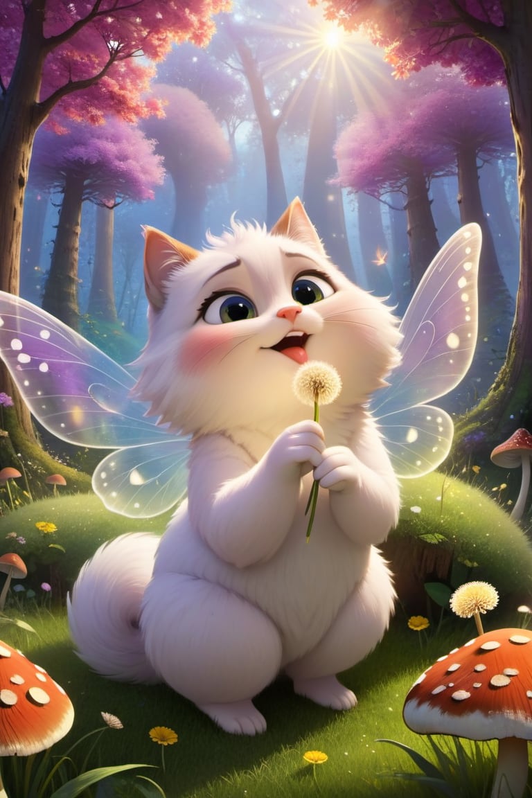 A charming and adorable scene featuring a cute cat with puffed cheeks blowing on a dandelion. The cat's fur is soft and fluffy, with expressive, wide eyes that radiate innocence and curiosity. The scene is set in a whimsical fairy tale world, filled with vibrant, colorful flowers, and lush green grass. In the background, towering mushrooms, sparkling fairy lights, and magical creatures like fairies and butterflies flutter around. A gentle, golden light filters through the trees, casting a warm glow over the entire scene. The dandelion seeds float gracefully in the air, creating a sense of magic and wonder. (ultra-realistic, high detail, vibrant colors, whimsical, magical, fairy tale, cute, charming, soft lighting, serene atmosphere),
extremely detailed, Gorgeous splash of vibrant paint, ral-fntsyrlms,More Reasonable Details,disney pixar style