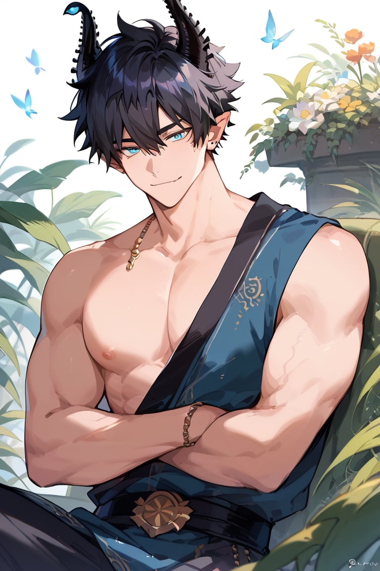 score_9, score_8_up, score_7_up, masterpiece, best quality, 1boy, male focus, ren_zotto, horns, black hair, blue eyes, pointy ears, looking at viewer,muscles,big dick,