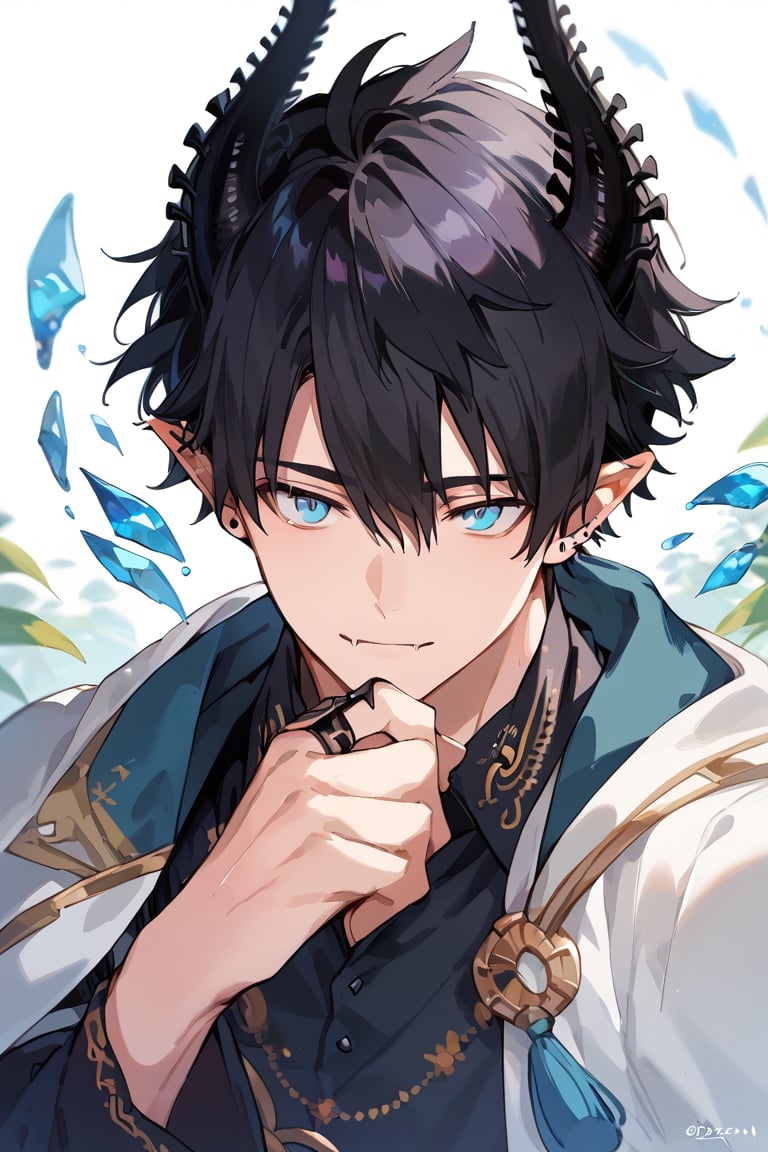 score_9, score_8_up, score_7_up, masterpiece, best quality, 1boy, male focus, ren_zotto, horns, black hair, blue eyes, pointy ears, looking at viewer