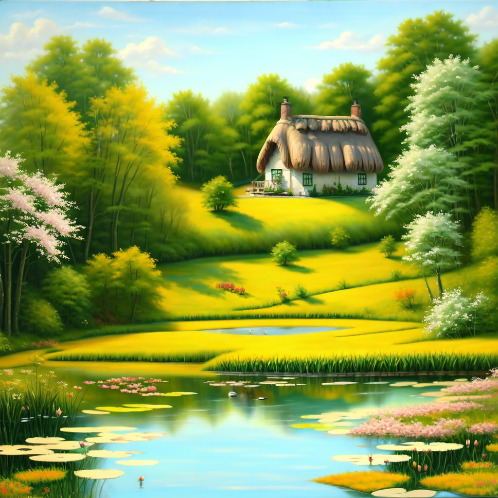 Oil painting of a cottage near a pond, spring time.