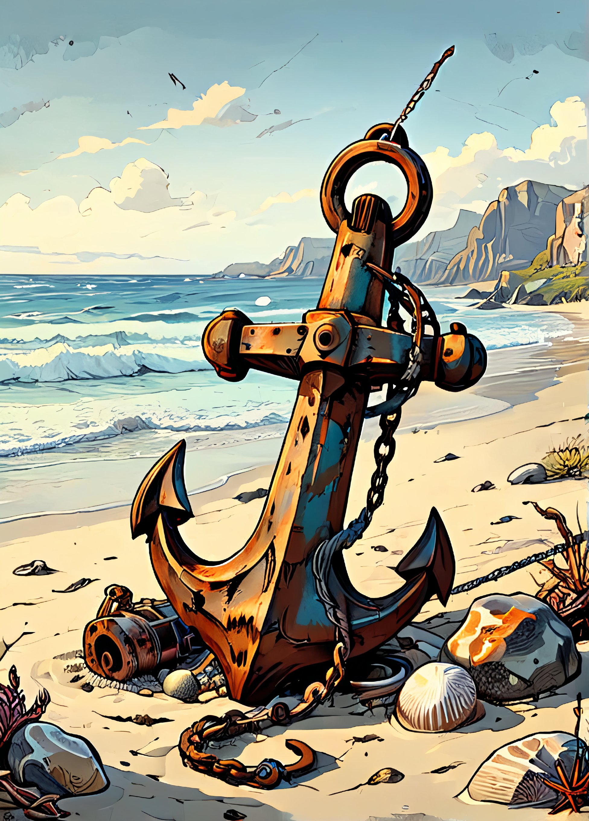 A rusted anchor lying on a deserted beach. many details, extreme detailed, full of details, Wide range of colors. Insane quality. Insane resolution. Insane details. Masterpiece. 32k resolution.   ral-decoznow   ink art, line art  