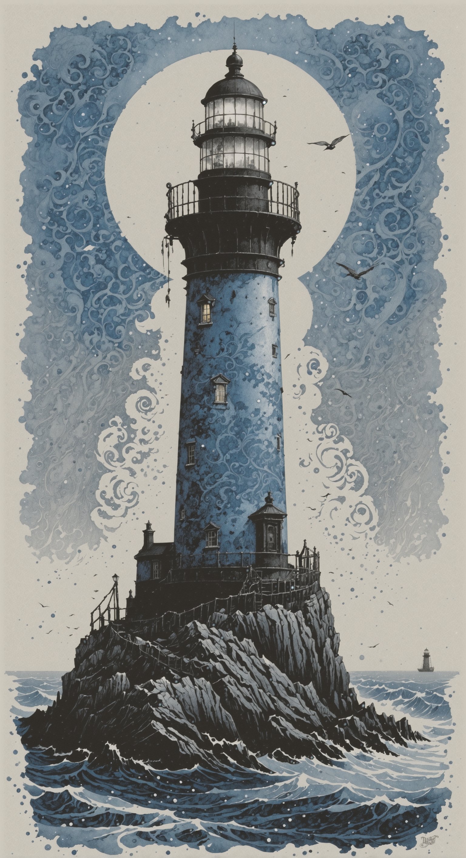 Lighthouse, aesthetic, extremely detailed, Daniel Merriam, by john blanche, M. C. Esher, ink drawing, dirty ink, frostpunk, lighthouse, blue ink ocean, lighthouse on an island, black ink