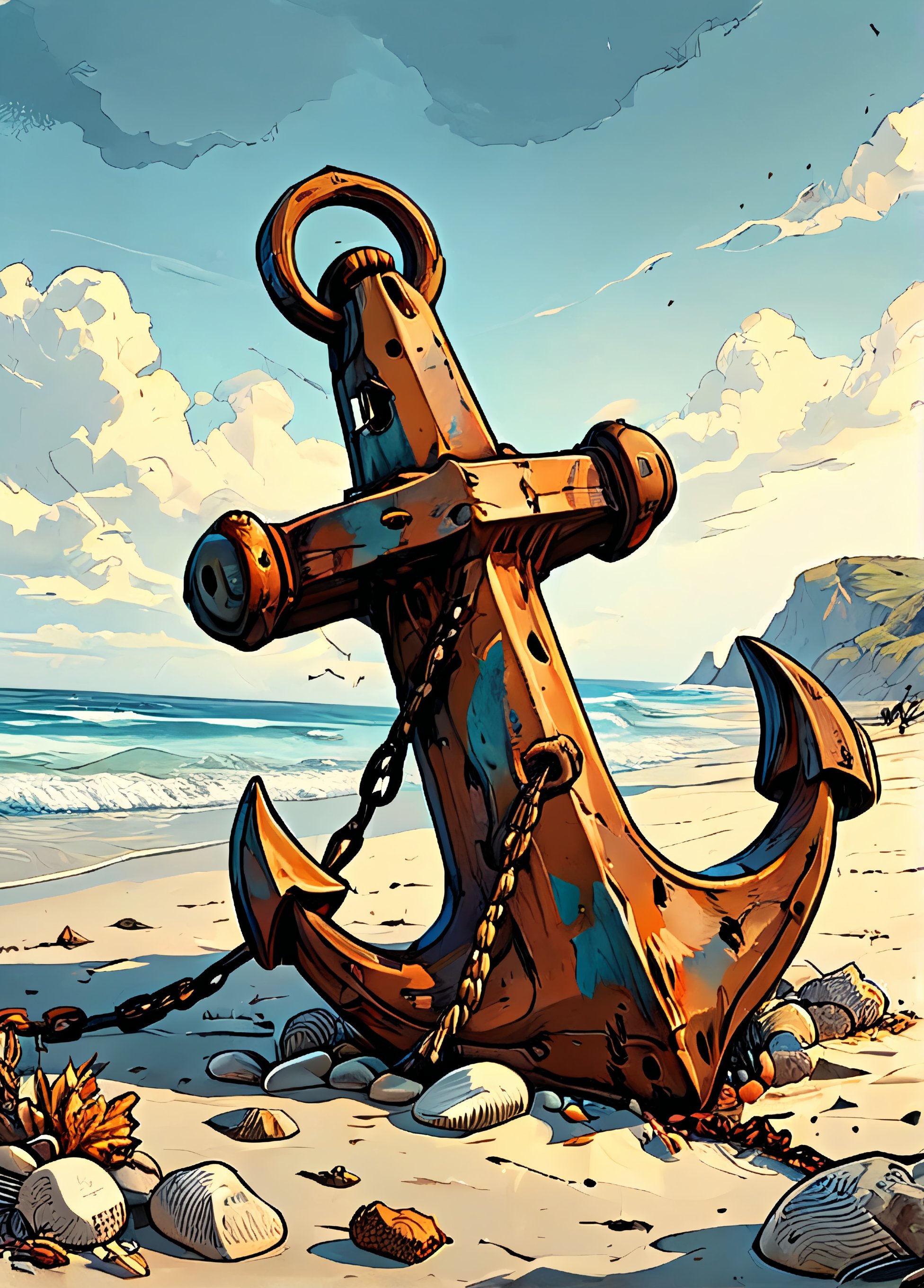 A rusted anchor lying on a deserted beach. many details, extreme detailed, full of details, Wide range of colors. Insane quality. Insane resolution. Insane details. Masterpiece. 32k resolution.   ral-decoznow   ink art, line art  