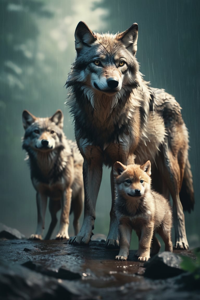 Summer rain cascading down in sharp focus on a wolf with its cubs, surrounded by a haze, captured with the ultra-detailed essence of film photography featuring light leaks, inspired by the intricate style of Greg Rutkowski, studio photo, trending on ArtStation, intricate details, highly detailed, cinematic.