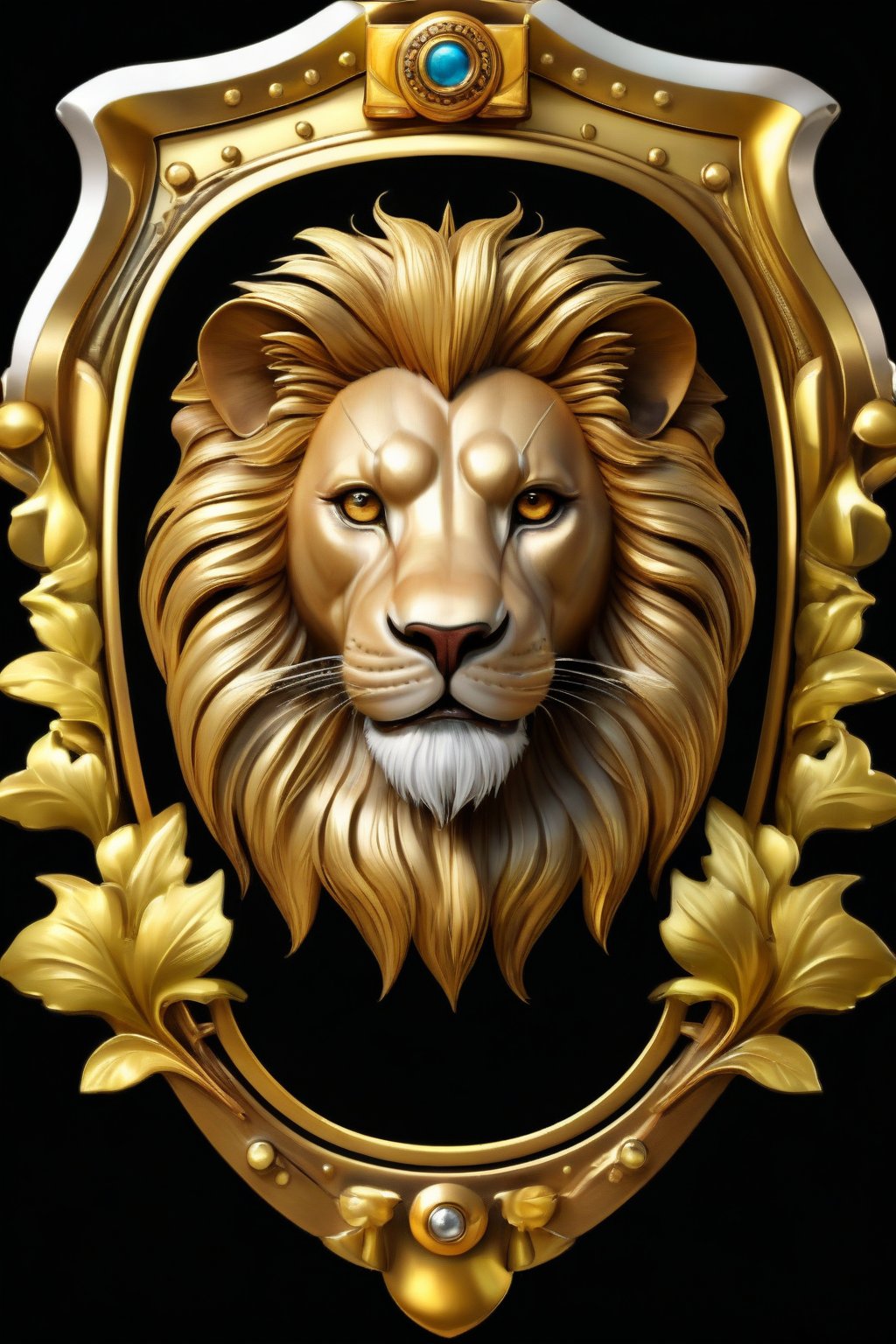 Masterpiece, realistic. High quality. Detailed. Badge. Lion
, golden frame,   black background, detailed paws