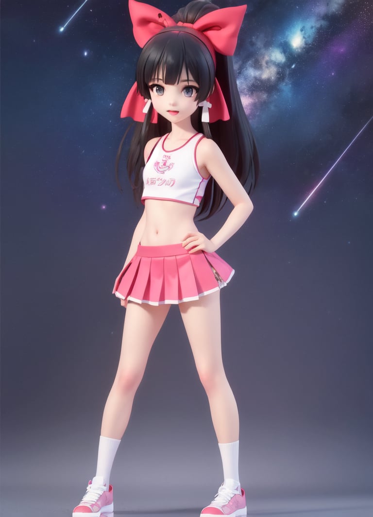 ((1 woman)), yae kokonoe, petite girl, full body, chibi, 3D figure girl, black hair, 1 tails, beautiful girl with great detail, beautiful and delicate eyes, detailed face, beautiful eyes, cheerleader, how to write clothes, crop top, sleeveless shirt, abdomen, mini skirt, pleated skirt, holding pom-poms, hands on hips, detail, dynamic beautiful pose, dynamic pose, (starry background: 1.4), ((realistic)) quality: 1.2), dynamic distance shot, natural light, perfect composition, super detail, official art, masterpiece, (best) quality: 1.3), reflection, high resolution CG Unity 8K wallpaper, detailed background, masterpiece, (photorealistic): 1.2), random angle, side angle, chibi, full body, mikdef,yae kokonoe