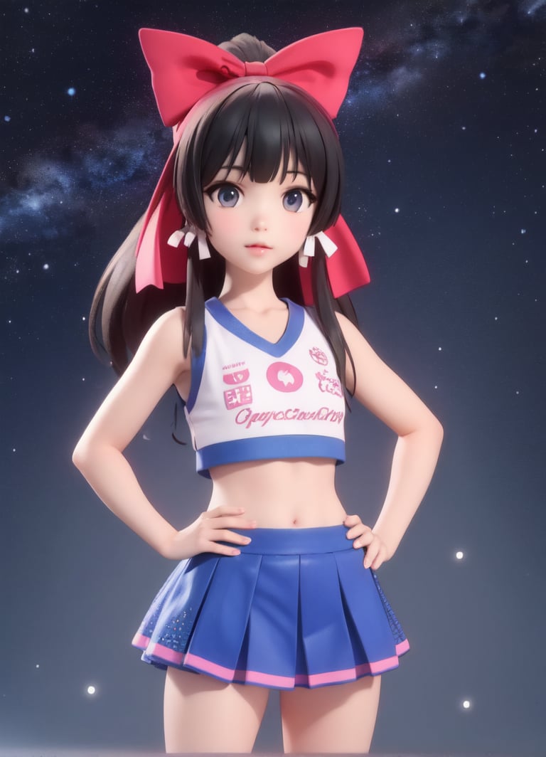 ((1 woman)), yae kokonoe, petite girl, full body, chibi, 3D figure girl, black hair, 1 tails, beautiful girl with great detail, beautiful and delicate eyes, detailed face, beautiful eyes, cheerleader, how to write clothes, crop top, sleeveless shirt, abdomen, mini skirt, pleated skirt, holding pom-poms, hands on hips, detail, dynamic beautiful pose, dynamic pose, (starry background: 1.4), ((realistic)) quality: 1.2), dynamic distance shot, natural light, perfect composition, super detail, official art, masterpiece, (best) quality: 1.3), reflection, high resolution CG Unity 8K wallpaper, detailed background, masterpiece, (photorealistic): 1.2), random angle, side angle, chibi, full body, mikdef,yae kokonoe