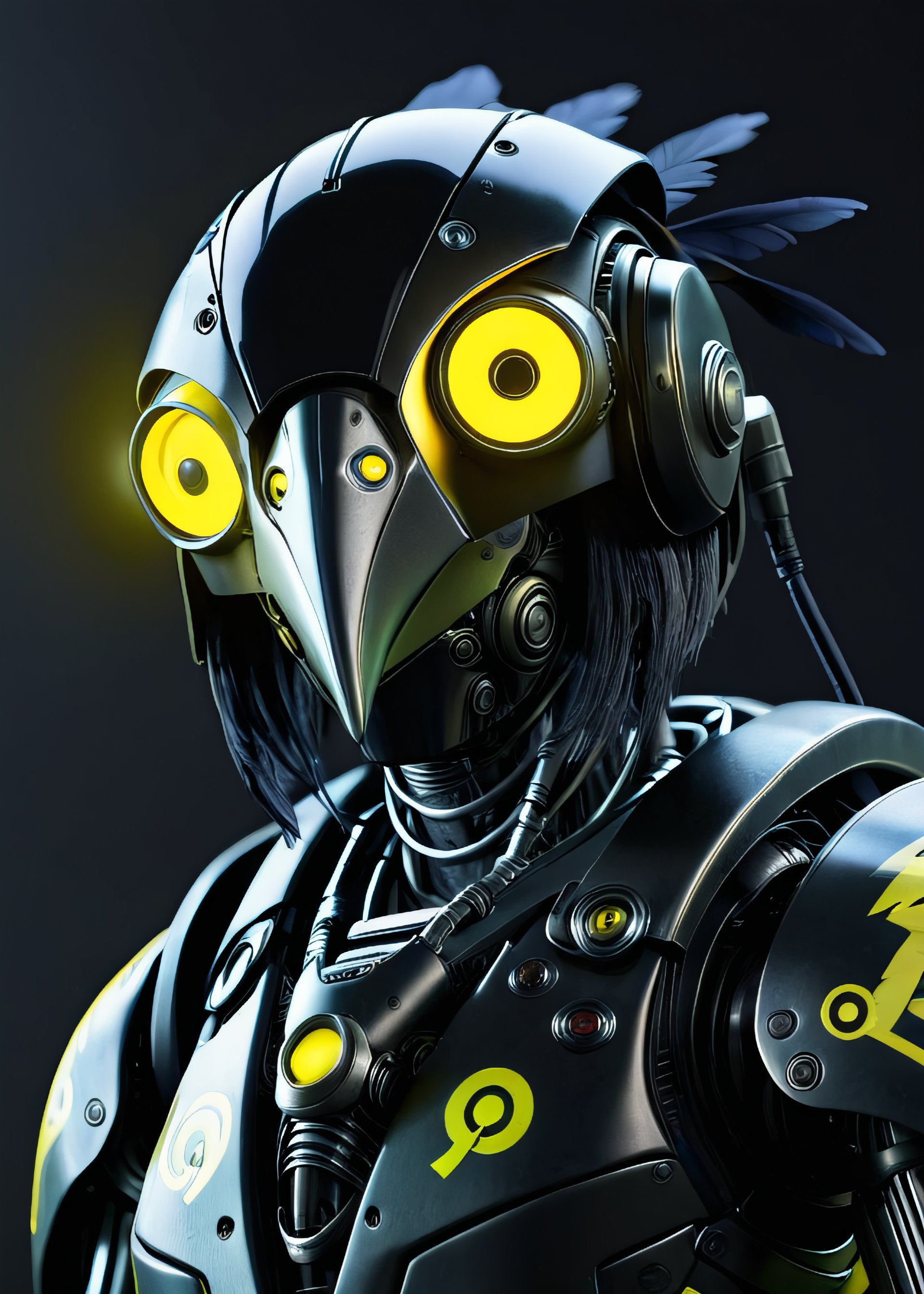 black Raven robot, at night, frontal view, yellow glow in the dark color scheme,documentary style realism, responsibility, high saturation, dark atmosphere,scary atmosphere, Junji lTO, Chinese Punk,  