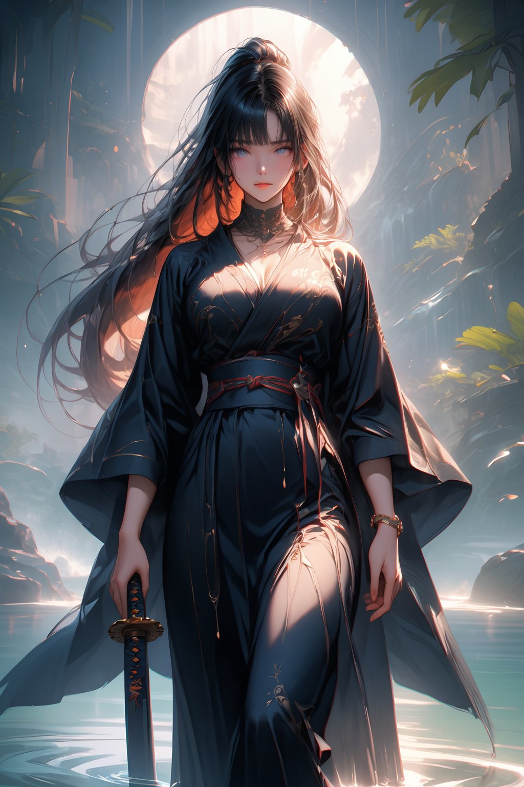 In a masterpiece of digital painting, a stunning woman with a ponytail and bangs adorns the frame. She wears a black kimono and sandals, her long hair cascading down her back like a waterfall of night. Her eyes gleam with an inner light as she holds a katana aloft, its blade shimmering in the soft glow that breaks across the water's surface. The intricate line work is so delicate it appears almost ethereal, while her large breasts are framed by the folds of her kimono, creating a sense of cleavage. A subtle mask covers her face, adding an air of mystery to her enigmatic gaze. The overall aesthetic is breathtakingly beautiful, with an ultra-detailed and highly resolved illustration that invites the viewer to absorb every detail.