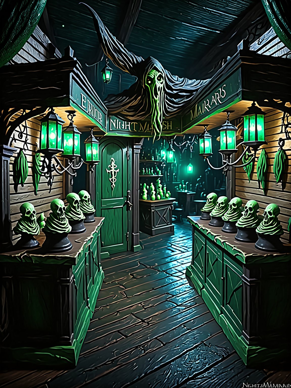 Eldritch marketplace, twisted stalls, dark and mysterious wares, eerie green light, shadowy figures, detailed textures, high detail, high resolution, (dark fantasy, eerie:1.3), (haunting, atmospheric:1.2), (nightmarish:1.4), masterpiece quality , ral-ertmsphr