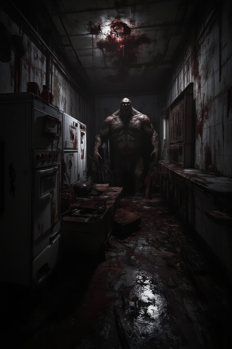 "A spine-chilling illustration of a terrifying 

horror art, gore, abandoned kitchen, dystopian, dark theme,  , haunted place, scarry, fat man holding knife  ,

(masterpiece, best quality, official art, extremely detailed CG unity 8k wallpaper, absurdres, 8k resolution, Cinematic Lighting)."