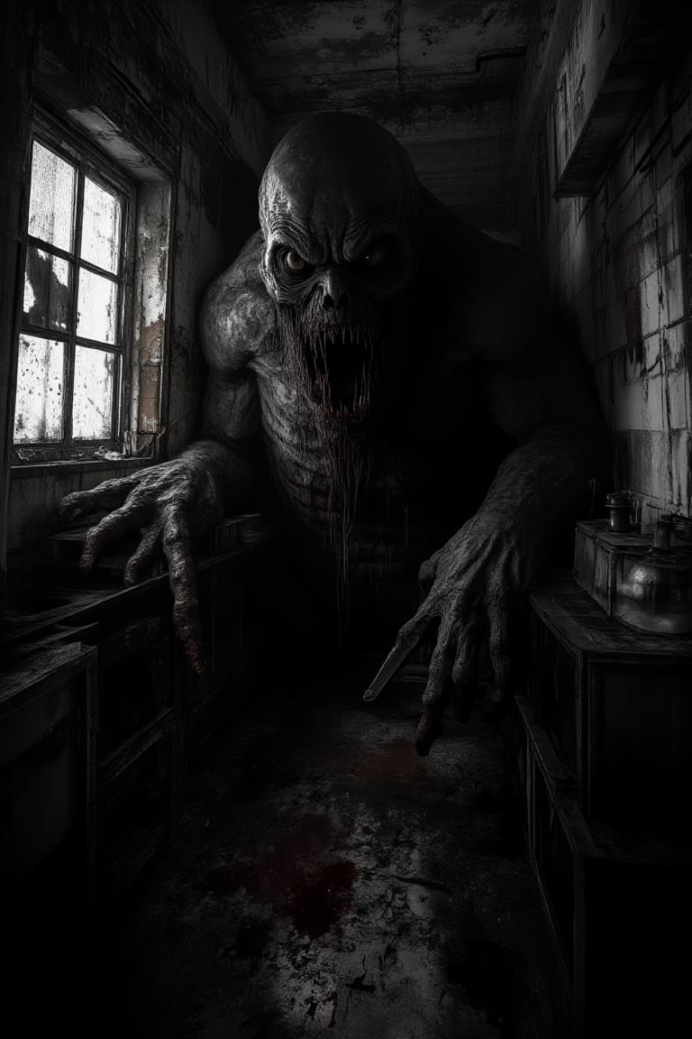 "A spine-chilling illustration of a terrifying 

horror art, gore, abandoned kitchen, dystopian, dark theme,  , haunted place, scarry, fat man holding knife  ,

(masterpiece, best quality, official art, extremely detailed CG unity 8k wallpaper, absurdres, 8k resolution, Cinematic Lighting)."