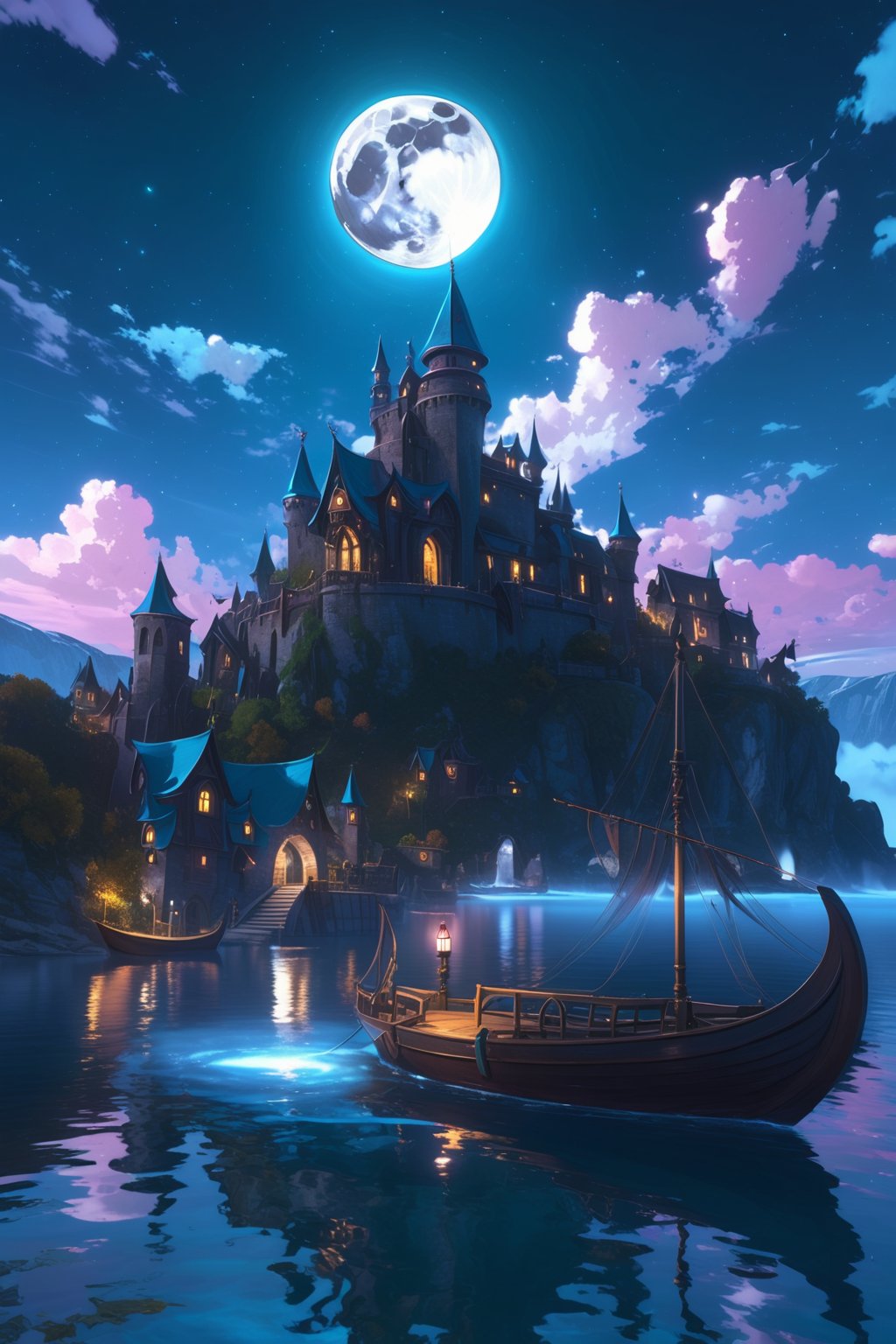 outdoors, sky, cloud, water, no humans, night, moon, building, night sky, scenery, full moon, reflection, watercraft, bridge, castle, ship, tower, boat, cyan moon,halloween,island