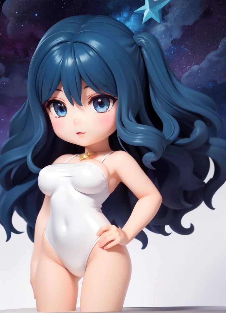 ((1 woman)), Nozaki Yuu, petite girl, full body, big breast, chibi, 3D figure girl, blue hair, wavy hair, very long hair, beautiful girl with great detail, beautiful and delicate eyes, detailed face, beautiful eyes,  hands on hips, detail, dynamic beautiful pose, dynamic pose, (starry background: 1.4), ((realistic)) quality: 1.2), dynamic distance shot, natural light, perfect composition, super detail, official art, masterpiece, (best) quality: 1.3), reflection, high resolution CG Unity 8K wallpaper, detailed background, masterpiece, (photorealistic): 1.2), random angle, side angle, chibi, full body, mikdef,,wavy hair,nozaki yuu