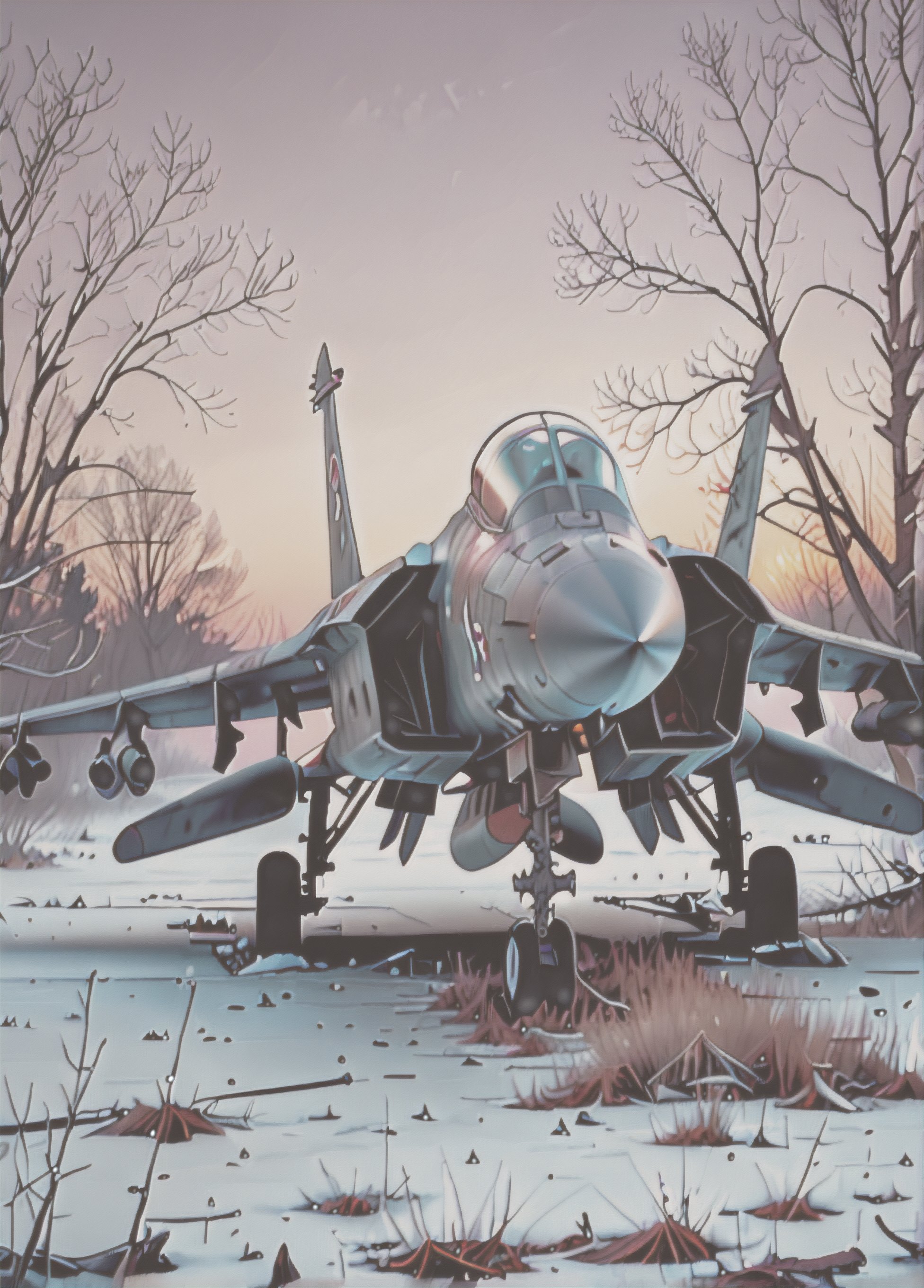 winter, dark, dusk, an abandoned old rusty fighter jet, an overgrown , frame weathered and worn, detailed 