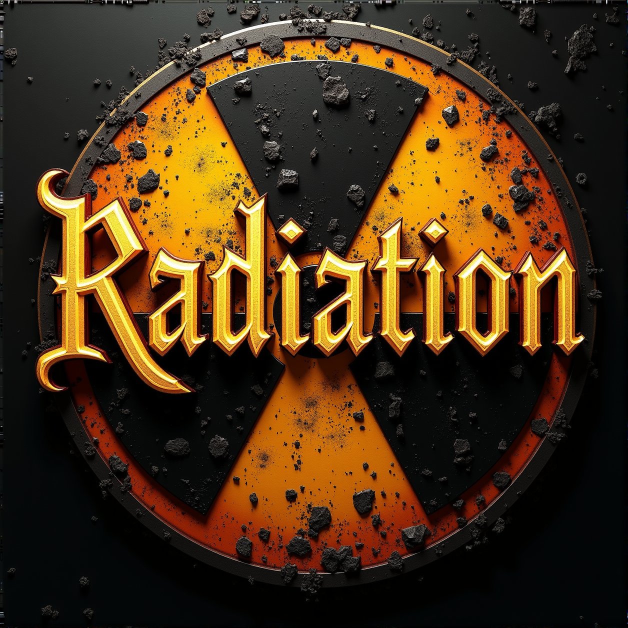 (best quality, masterpiece, ultra detailed, 8K, RAW photo), The word "Radiation" written in a beautiful gothic style with golden glowing calligraphy ink over a background of radioactive waste