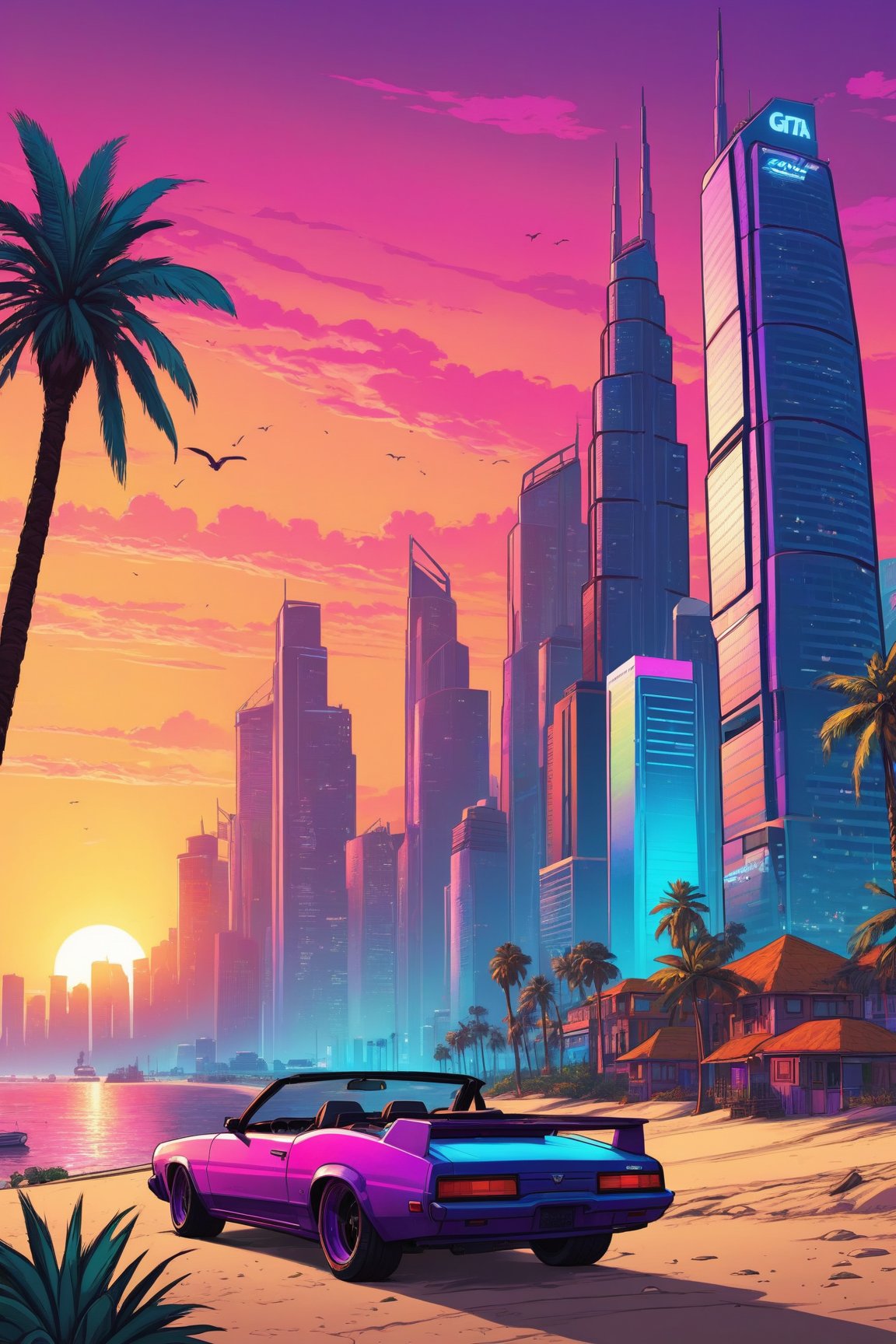 GTA VI style drawing of a vibrant coastal city at sunset with palm trees and skyscrapers, a city inspired by Dubai. Use of vivid colors and realistic details with a touch of distinctive graphic art from the game. ((GTA VI)). UHD. 8K, Glowwave, colorpop,  