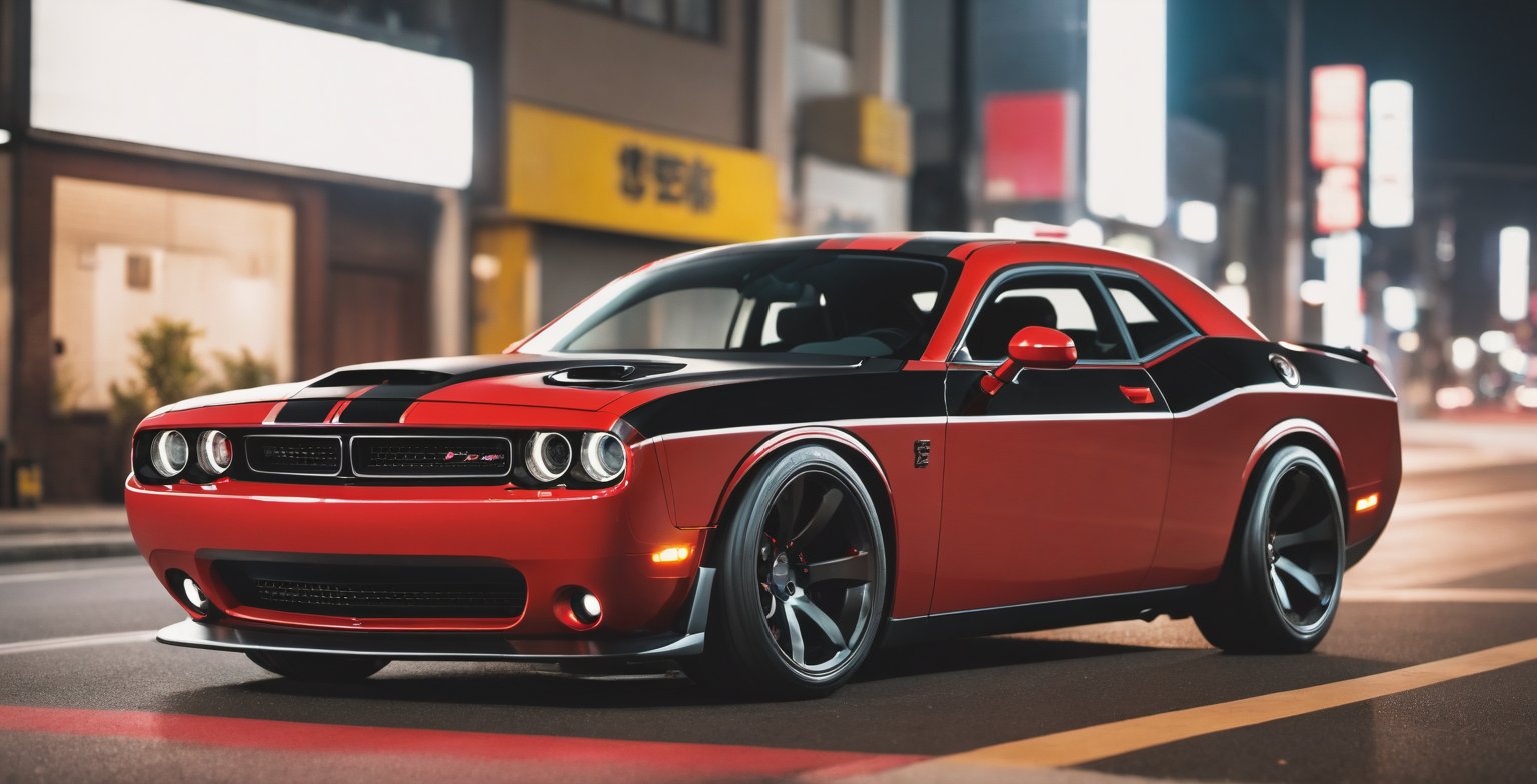 solo, night, no humans, ground vehicle, motor vehicle, car, motion blur, vehicle focus, jdm car, jdm, the car: red and black, model of the Dodge Challenger III Restyling 2 2015 modified for street racing in japan, cinematic lighting, cinematic view