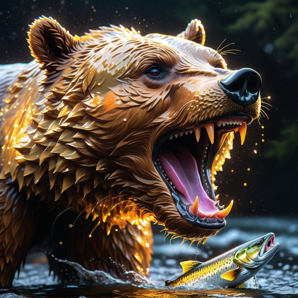 16K,Best Quality, High Definition, realistic, masterpiece Cinematic, Great Golden Salmon fishIn the teeth of a bear (Highly detailed) , Glitter And Dynamic Scales, neon glowing, Water Splash, Dynamic Water, Ultra-Detailed, glowneon, glowing, sparks, lightning,more detail XL