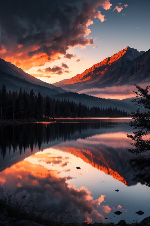 pic of a magnificent sunset over a mountainous landscape, where the high peaks are bathed in a golden light and the sky is painted with soft shades of orange and pink. The clouds extend in dramatic shapes, criando uma cena deslumbrante e serena. No primeiro plano, There is a tranquil lake reflecting the beauty of the sky, while silhouetted trees add a touch of mystery to the landscape. The balanced composition and vastness of nature captured in a convey a sense of calm and wonder at the grandeur of the natural setting. 