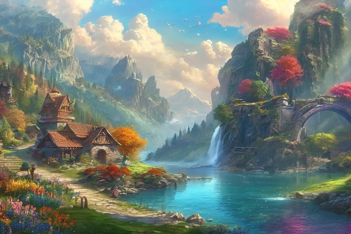 (RAW photo, 8k uhd, Analog style, Masterpiece, Best Quality, Highres:1.4), (dramatic, cinematic:1.2), BREAK, movie shot of colorful hyperdetailed fantastic fantasy mysterious magic landscape, above clouds, (medieval elven fantasy (village:1.35), (steampunk:1.05) (peasant:1.15) (robots:1.1) (crowd:1.35), playing (little steampunk (girl:1.25):1.1), (farm:1.31), (lake, (river:1.14):1.15), (bridges:1.4), (waterfalls:1.35), (boat:1.4), (dock:1.1), (cliff:1.35), road, (green:1.05) valley, (flowers:1.2), (maple trees:0.65), (green:1.05) (fields:1.3), (fences:1.3), (snowy:1.17) (pines:1.1), (pink:1.0) (flowering tree:1.12):1.22), BREAK, ((mountains:1.22), (futuristic:1.15) (overgrown:1.27) (skyscrapers:1.53) (ruins:1.35), (market, water wheel, castle:1.14), (colorful houses:1.2), birds, stairs, spaceport, ((bright morning sun daylight:1.05) rainbow pure (blue:1.05) sky, glowing:1.05), starry, crescent, meteor, ((fluffy cloud:1.2), godrays, light particles:1.05), various seasons, steam, smokes:1.2), BREAK, (photorealistic:1.2), (intricate:1.3), (light theme:1.3), (inspiring joyful atmosphere:1.2), (fabulous, fantasy, mysterious, science fiction, post-apocalypse, incredible, amazing, happy, sunny, pastoral, esoteric, antique:1.2), (hyperdetailed, absurdres:1.2), (colorful, saturated:1.4), colorful lighting, BREAK, ,