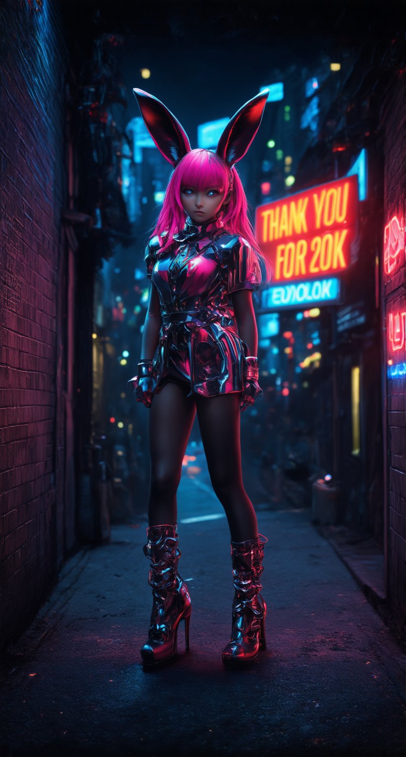 In a dark, gritty alleyway lit by a neon-lit advertisement , a Perfect Beautyful, cyberpunk bunny girl standing, leaning confidently on a Sign reading Thank you for 20K, her bright pink hair and matching heels a stark contrast to the dystopian surroundings. She gazes directly at the camera, her eyes gleaming with determination. The cityscape behind her is a blur of steel and concrete, punctuated by the glowing text that seems to pulse with energy.