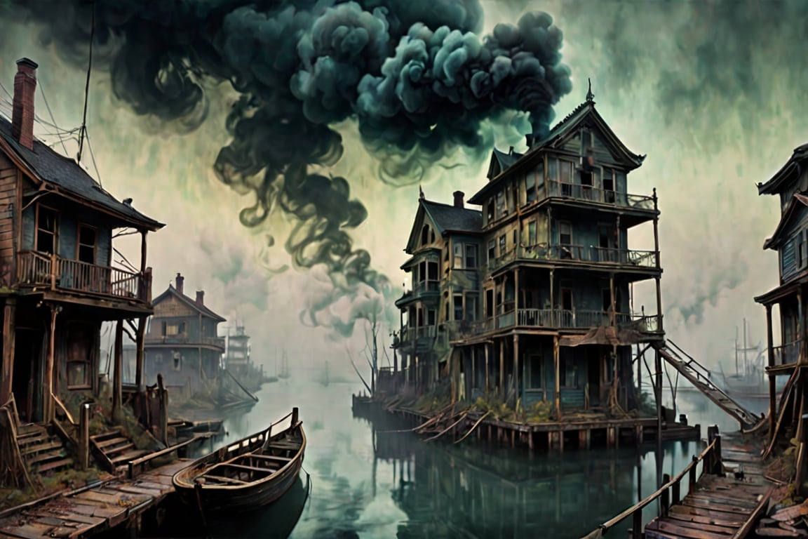 style of (Hokusai, Jeremiah Ketner, Kim Keever, John Atkinson Grimshaw) post apocalyptic ,gothic, horror ,darkpunk dark wood, abandoned port , steam fog smoke 16k IMAX photograph, vivid colours