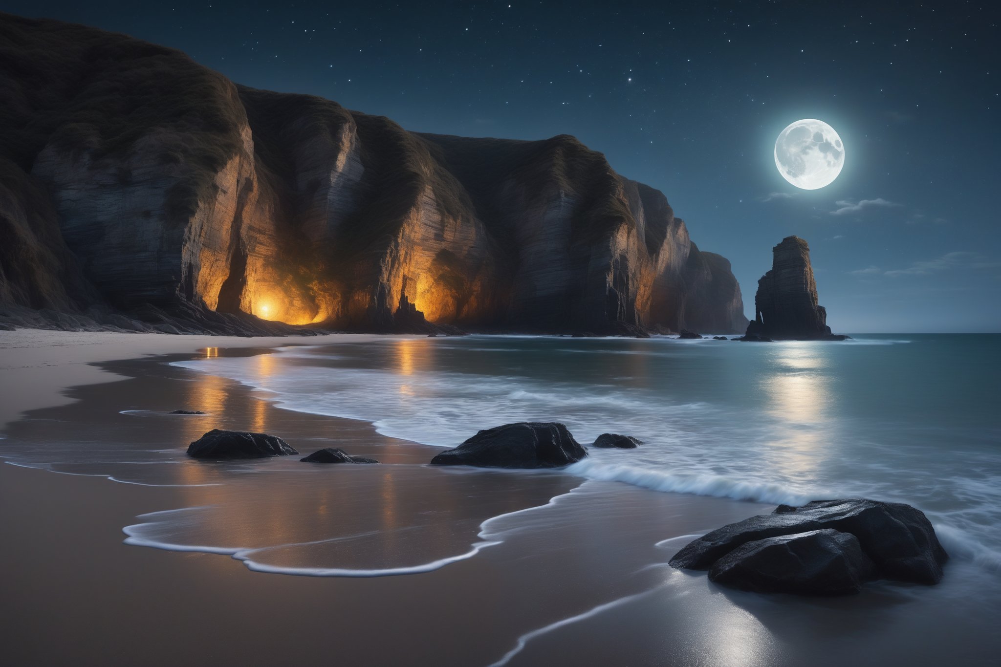 A tranquil beach scene under the light of a full moon. The waves gently lap at the shore, reflecting the silvery moonlight. Tall, dark cliffs frame the beach, and bioluminescent algae glow softly in the water. The sky is filled with stars, and the air is thick with a sense of mystery and calm. Hyper-detailed, ethereal lighting, serene and mysterious, high contrast between dark cliffs and glowing water