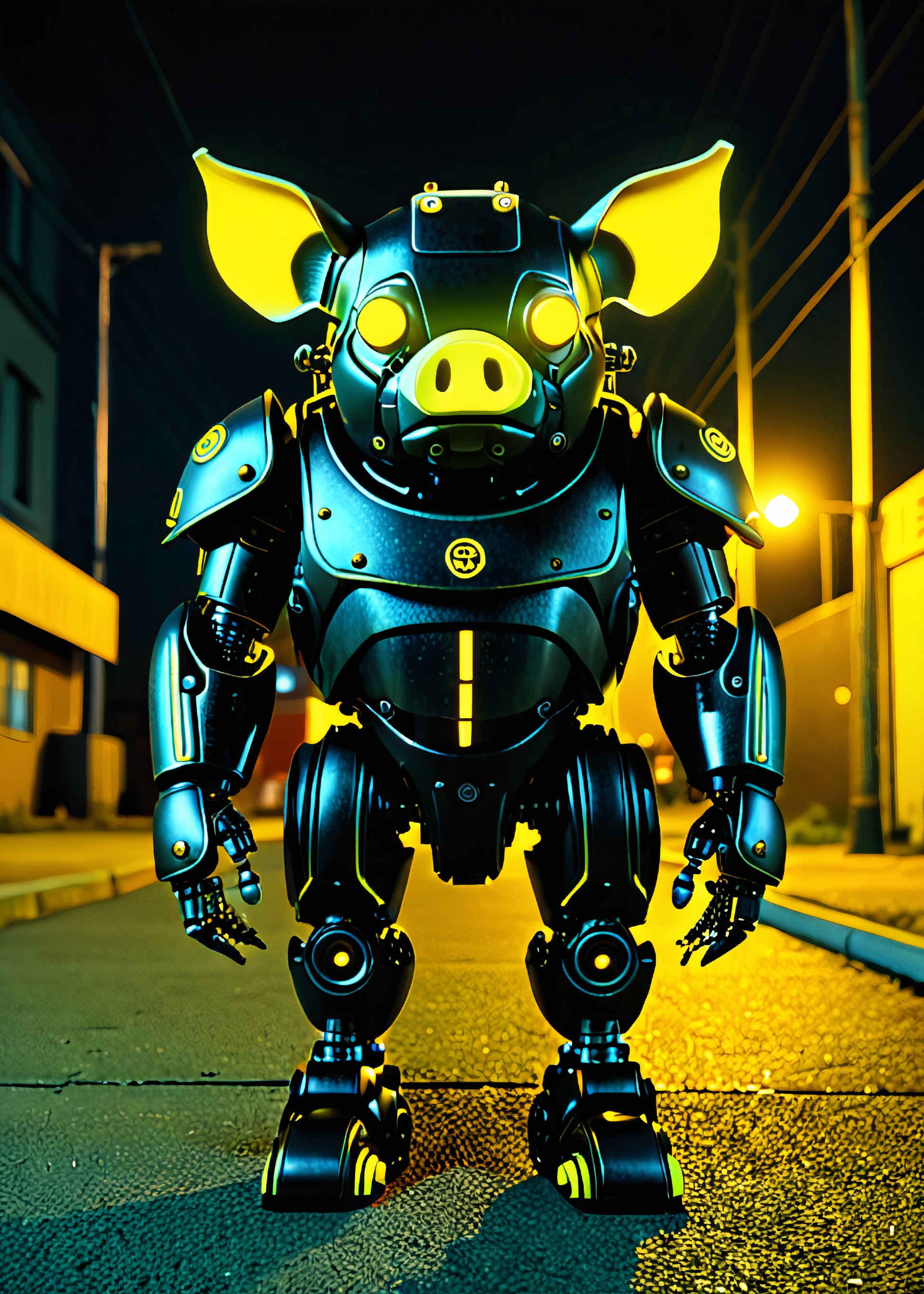 black pig robot, at night, frontal view, yellow glow in the dark color scheme,documentary style realism, responsibility, high saturation, dark atmosphere,scary atmosphere, Junji lTO, Chinese Punk,  