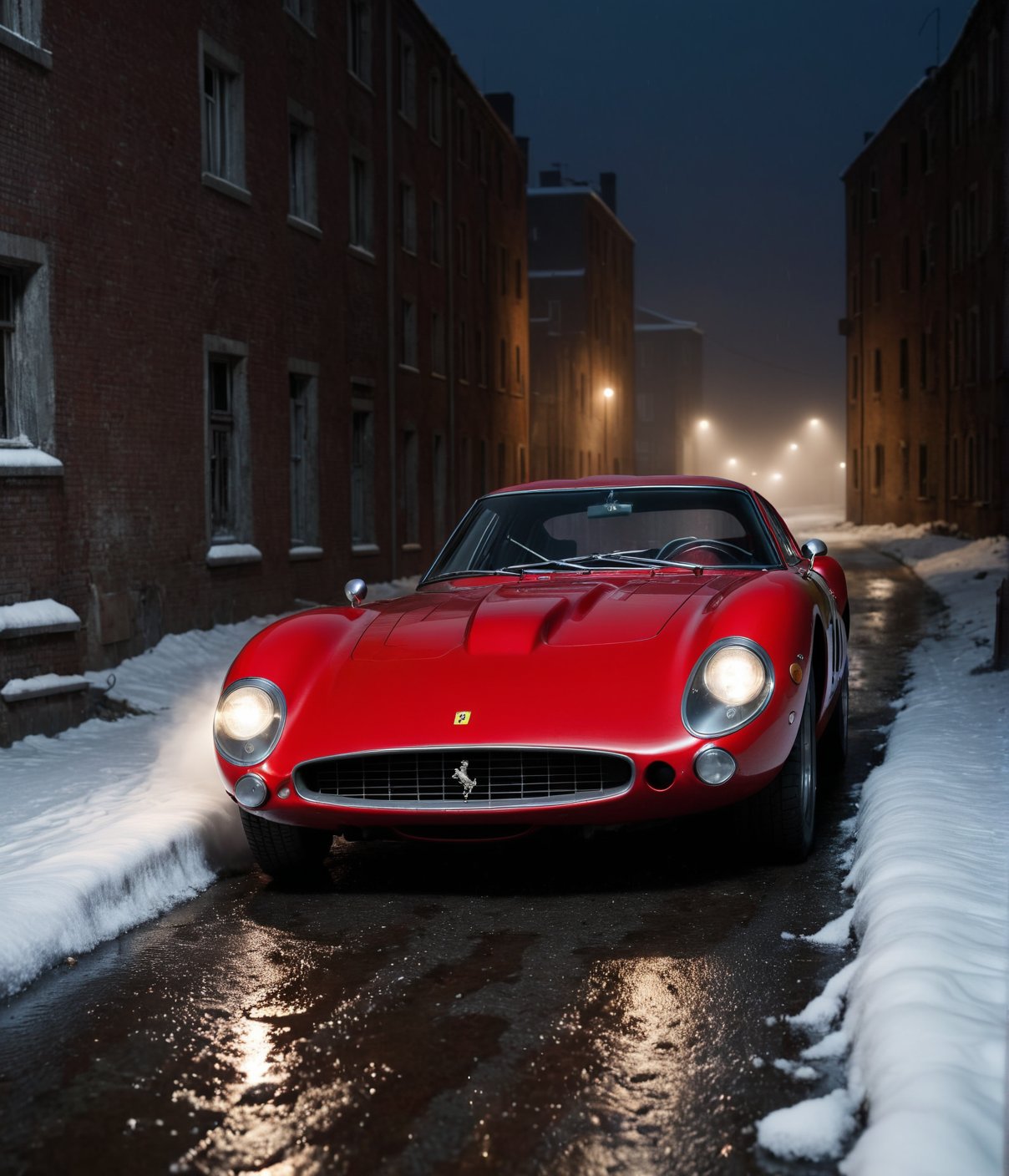 analog gloomy photo of a (red Ferrari 250 GTO), ((speeding in an abandoned city (at midnight))), ((decayed apartment buildings in the background)), ((snow)), (horror movie), ((nighttime)), (midnight), ruins, claustrophobic, High Detail, Sharp focus, ((photorealism)), ((realistic)), best quality, 8k, award winning, dramatic lighting, epic, cinematic, masterpiece, backlit, contrejour, rim light, ambient fog:1.4, dutch angle, depth of field, volumetric lights,