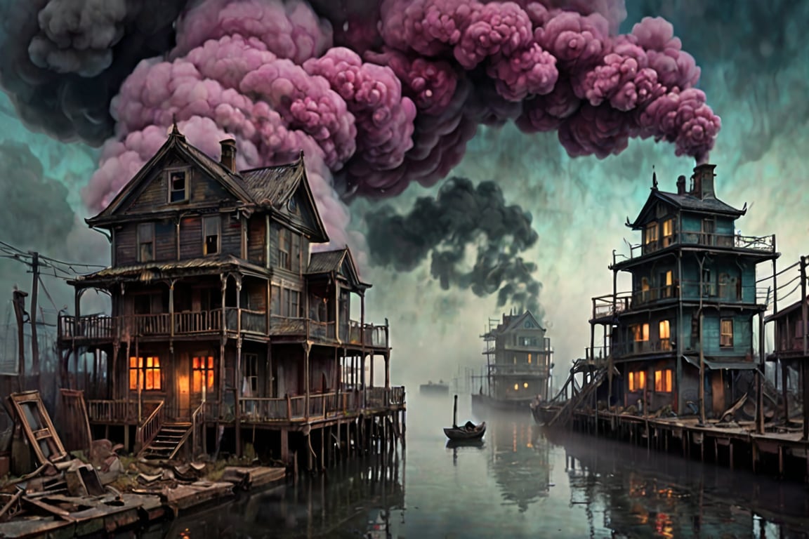 style of (Hokusai, Jeremiah Ketner, Kim Keever, John Atkinson Grimshaw) post apocalyptic ,gothic, horror ,darkpunk dark wood, abandoned port , steam fog smoke 16k IMAX photograph, vivid colours