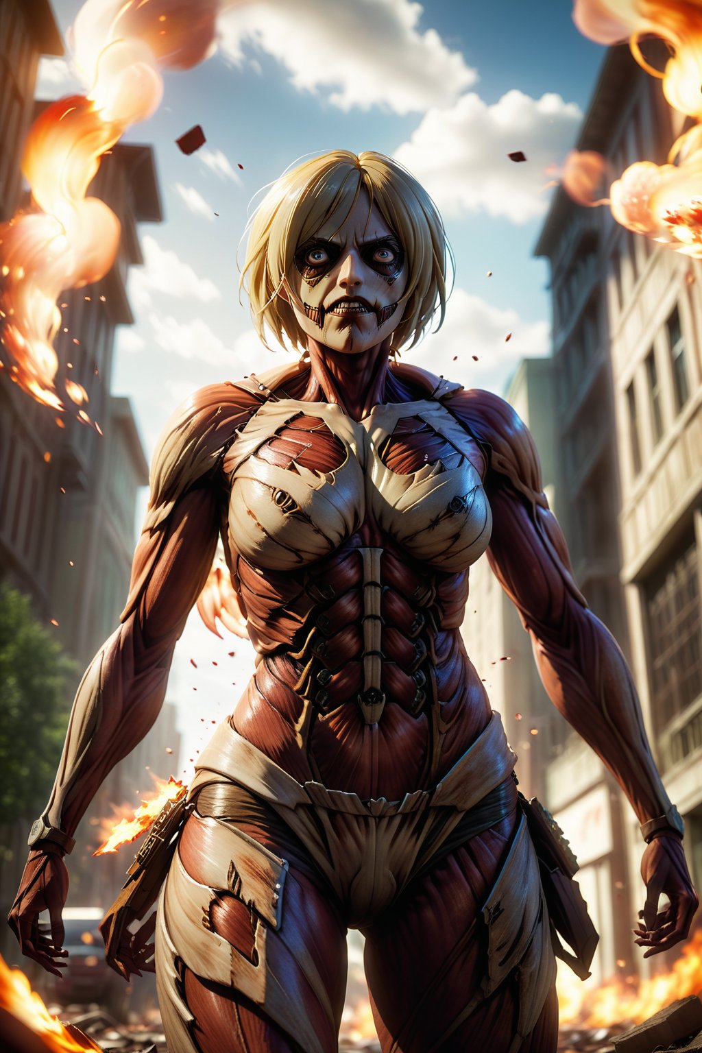 Attack on Titan Annie, Post-apocalytic, Female Titan, Bokeh, nffsw, Side lighting, A hyper-realistic, Ray tracing, Whole body, Fall, super mad, Mad Female Giant, apocalypse, Realistic Titans, look from down,