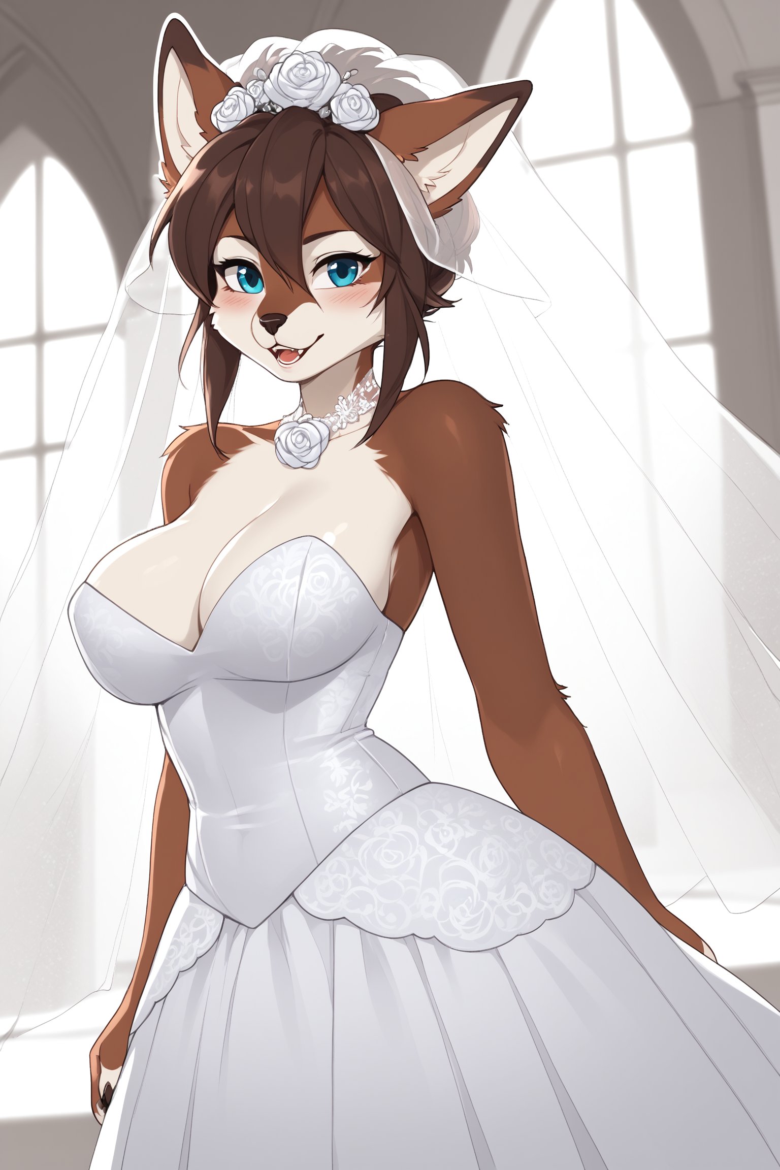 (wedding dress, bridal veil, ),solo,,breast fur,
(best quality),(colourful),dynamic angle,finely detail,,body fur,furry,furry_female,animal_ears