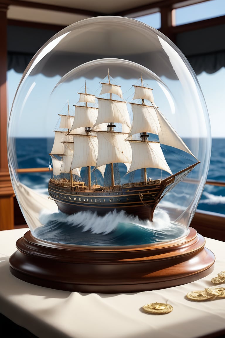 watercraft, no humans, ship, waves, water, ocean, clock, indoors, boat, scenery, blurry, anchor, rating_general. A large, three-masted sailing ship with a wooden hull and white sails is depicted in a glass dome, sailing on a turbulent sea. The ship is surrounded by a large wave, and the dome is placed on a wooden base adorned with intricate designs. The scene is set against a backdrop of a dark room with a large window, allowing natural light to illuminate the ship and its surroundings.