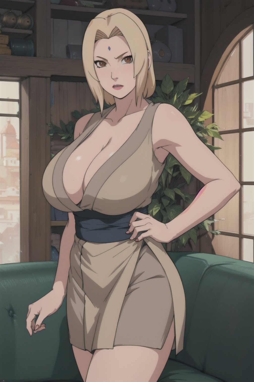 Tsunade, blonde hair, huge breasts, mature female,  ( best quality, beautiful, high quality, highres, aesthetic), detailed, extremely detailed, ambient soft lighting, 4K, perfect lighting, gold dress, revealing dress, ,