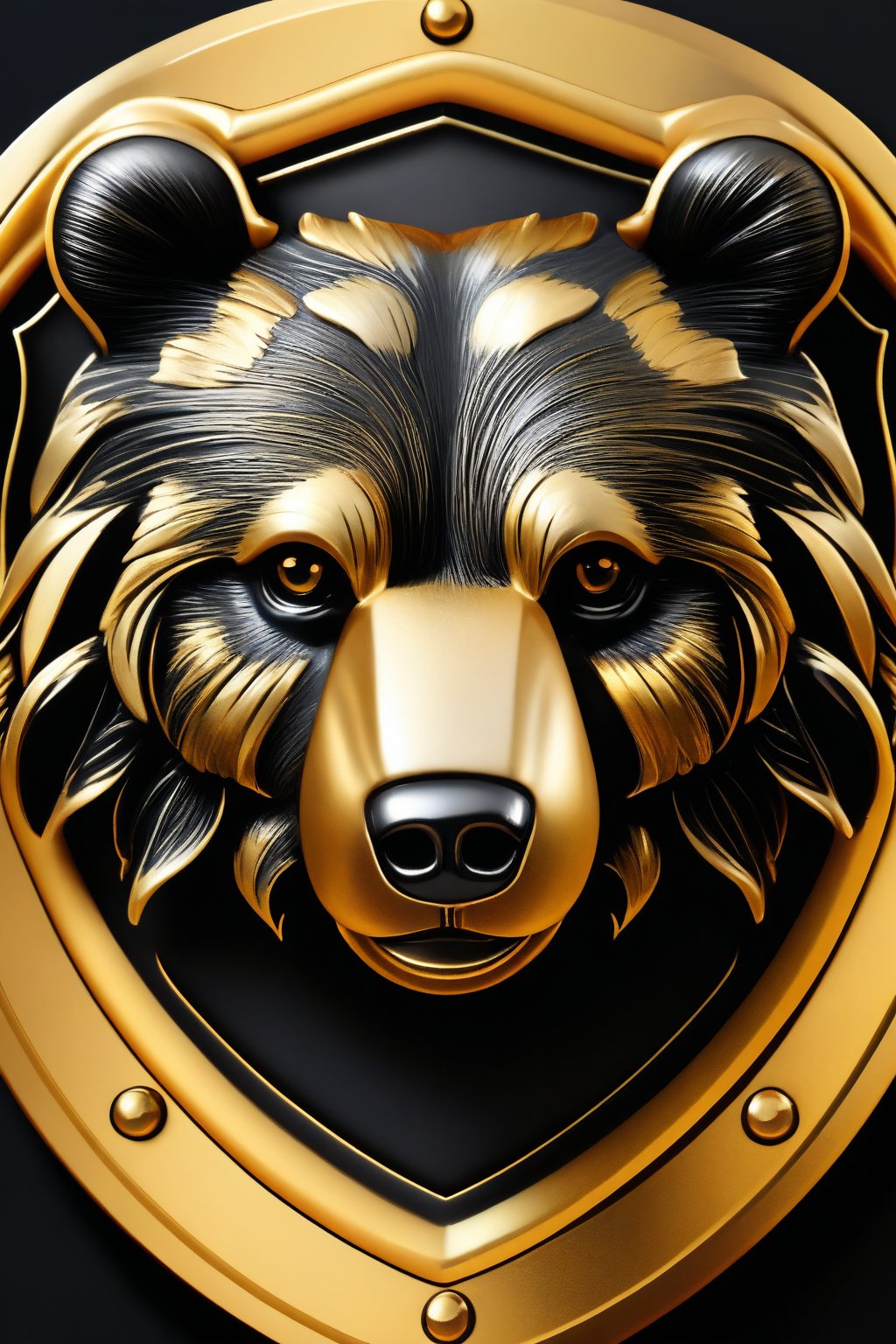 Masterpiece, realistic. High quality. Detailed. Badge. Bear
, golden frame,   black background, detailed paws