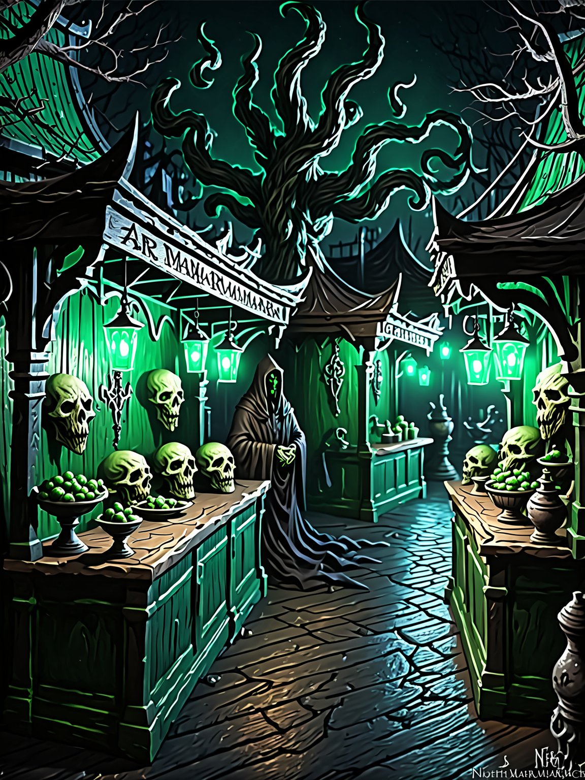 Eldritch marketplace, twisted stalls, dark and mysterious wares, eerie green light, shadowy figures, detailed textures, high detail, high resolution, (dark fantasy, eerie:1.3), (haunting, atmospheric:1.2), (nightmarish:1.4), masterpiece quality , ral-ertmsphr