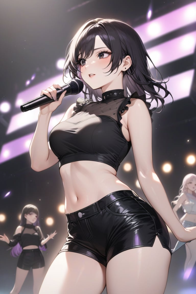 Girl, K-pop, idol, singing, stage, purple lights, beautiful, ethereal, Korean, hot, girl crush concept, pale skin, defined lips, curves, face focus, wink, korean, black hair, black eyes, crop top, booty shorts, slim, pretty, delicate