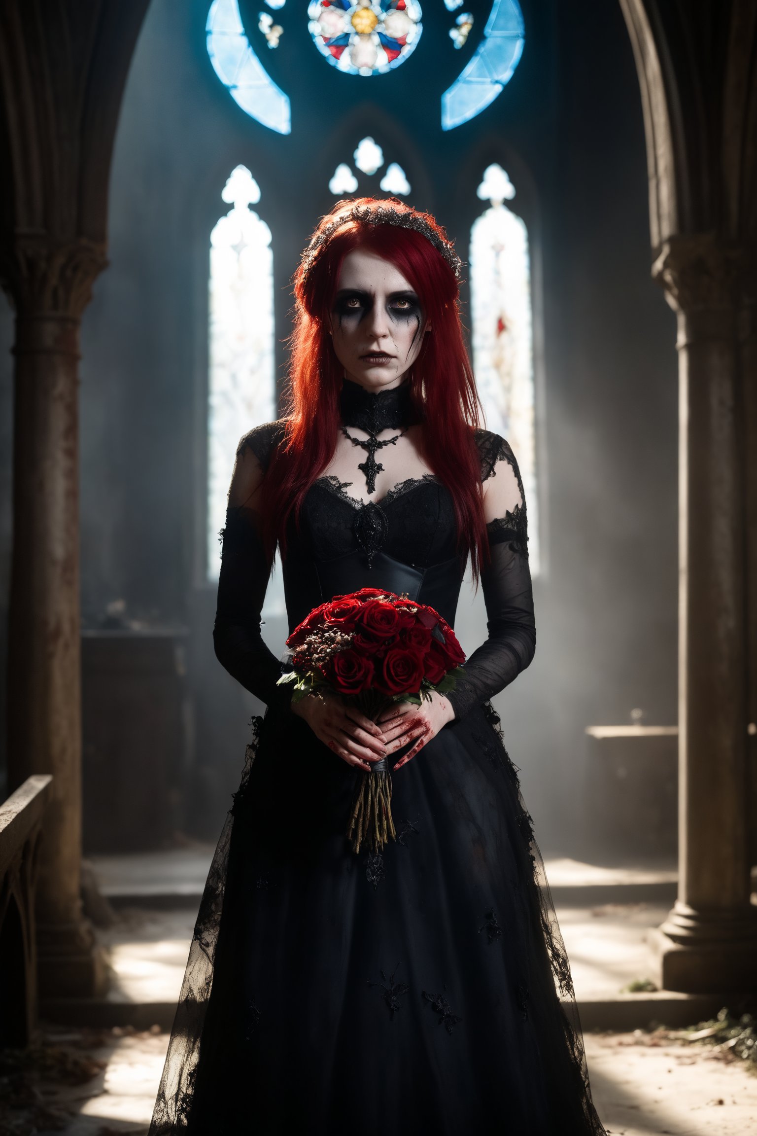 Horror-themed close up on face,bloody,evil,a 25 year old emo woman bride,holding a bouquet of decaying black roses with both hands,black goth style wedding dress,walking down the aisle in an ancient abandoned cathedral,stain glass windows in the background,candle lit,red hair,(highly detailed skin),perfect face,skin pores,(bokeh:0.6),sharp focus,dappled lighting,(backlighting:0.7),colored lighting from the stained glass,air particles,god rays,film grain,photographed on a Sony A7R IV,18mm F/1.7 cine lens,(highly detailed, intricately detailed),8k,HDR,front view,(full body visible:1.2) . award-winning,professional,highly detailed, . Eerie, unsettling, dark, spooky, suspenseful, grim, highly detailed