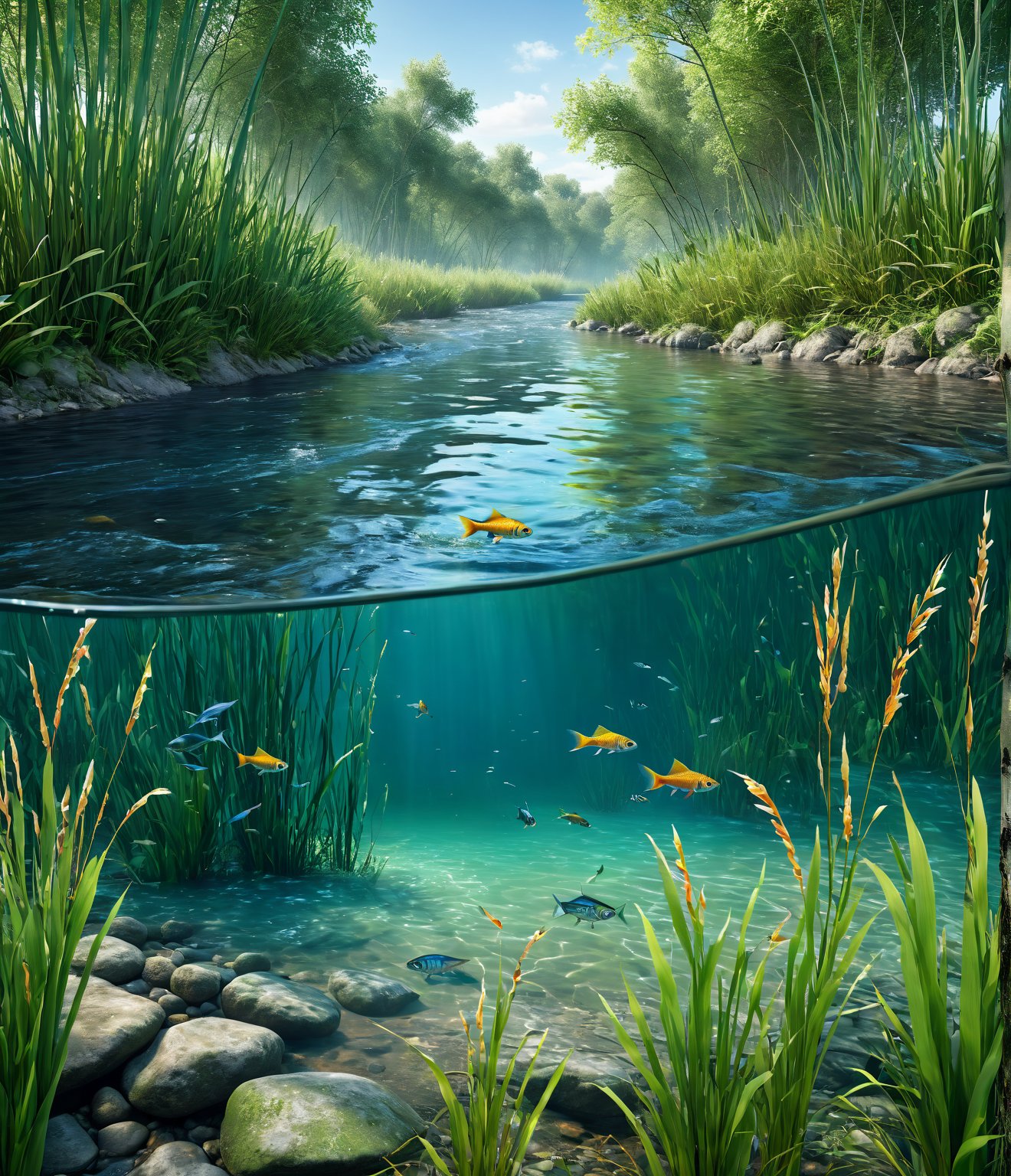 photorealistic of a river, in a forest, with fresh water, with a characteristic seawater fish that swims underwater, with reeds, view of the river with trees on the bank