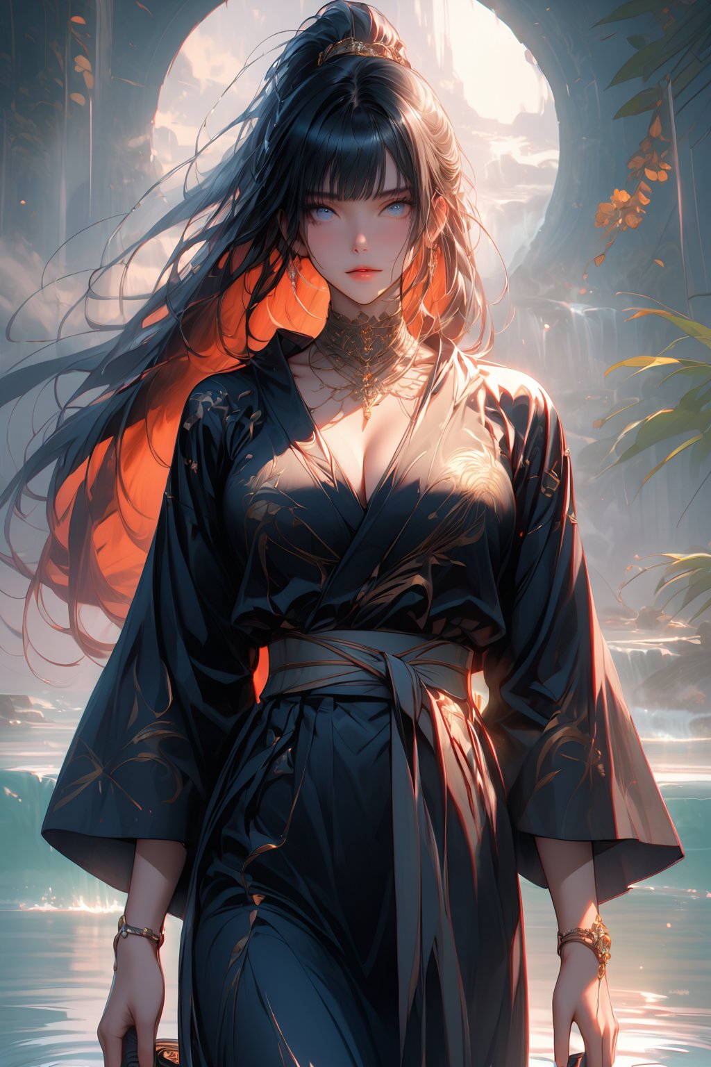 In a masterpiece of digital painting, a stunning woman with a ponytail and bangs adorns the frame. She wears a black kimono and sandals, her long hair cascading down her back like a waterfall of night. Her eyes gleam with an inner light as she holds a katana aloft, its blade shimmering in the soft glow that breaks across the water's surface. The intricate line work is so delicate it appears almost ethereal, while her large breasts are framed by the folds of her kimono, creating a sense of cleavage. A subtle mask covers her face, adding an air of mystery to her enigmatic gaze. The overall aesthetic is breathtakingly beautiful, with an ultra-detailed and highly resolved illustration that invites the viewer to absorb every detail.