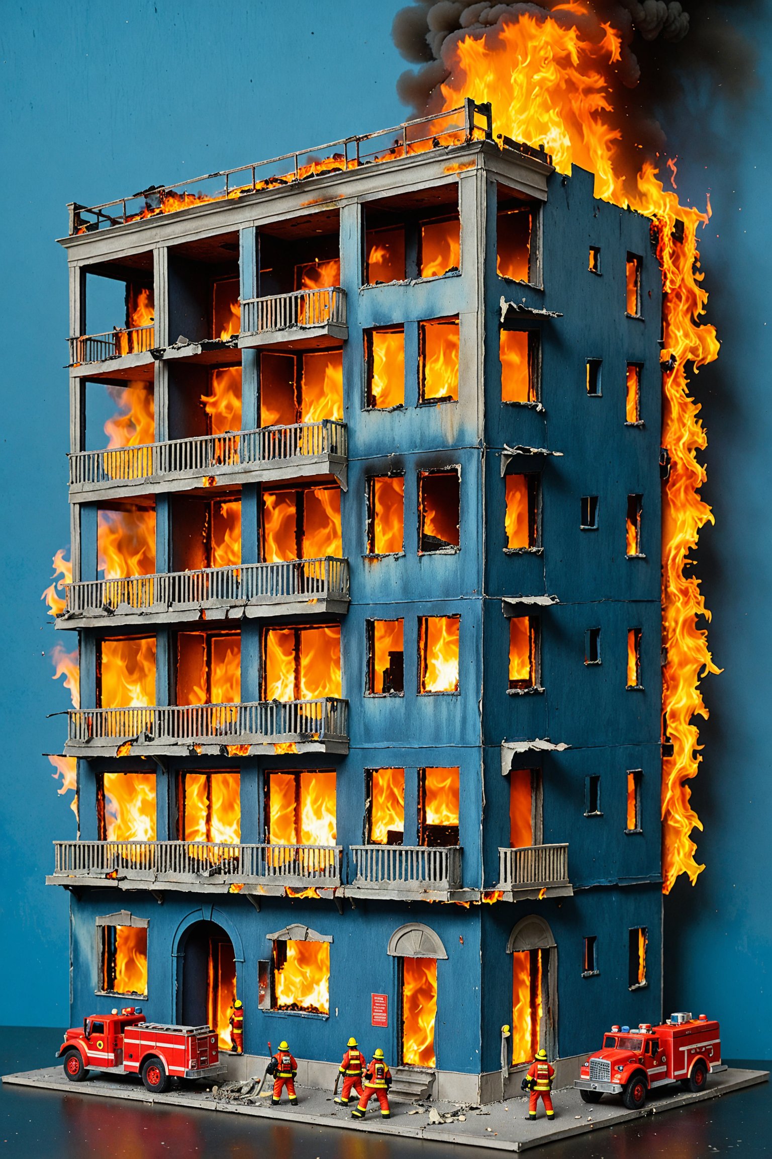 A meticulously crafted model of a multi-story building. The structure appears to be in a state of disrepair with parts of its facade missing. The building is engulfed in flames from within and outside, with firefighters in protective gear attempting to control the blaze. The firefighters are positioned on various levels, with some on the roof and others on the ground. The flames are vividly orange and yellow, illuminating the scene with an intense glow. The background is a muted shade of blue, providing a stark contrast to the fiery scene.