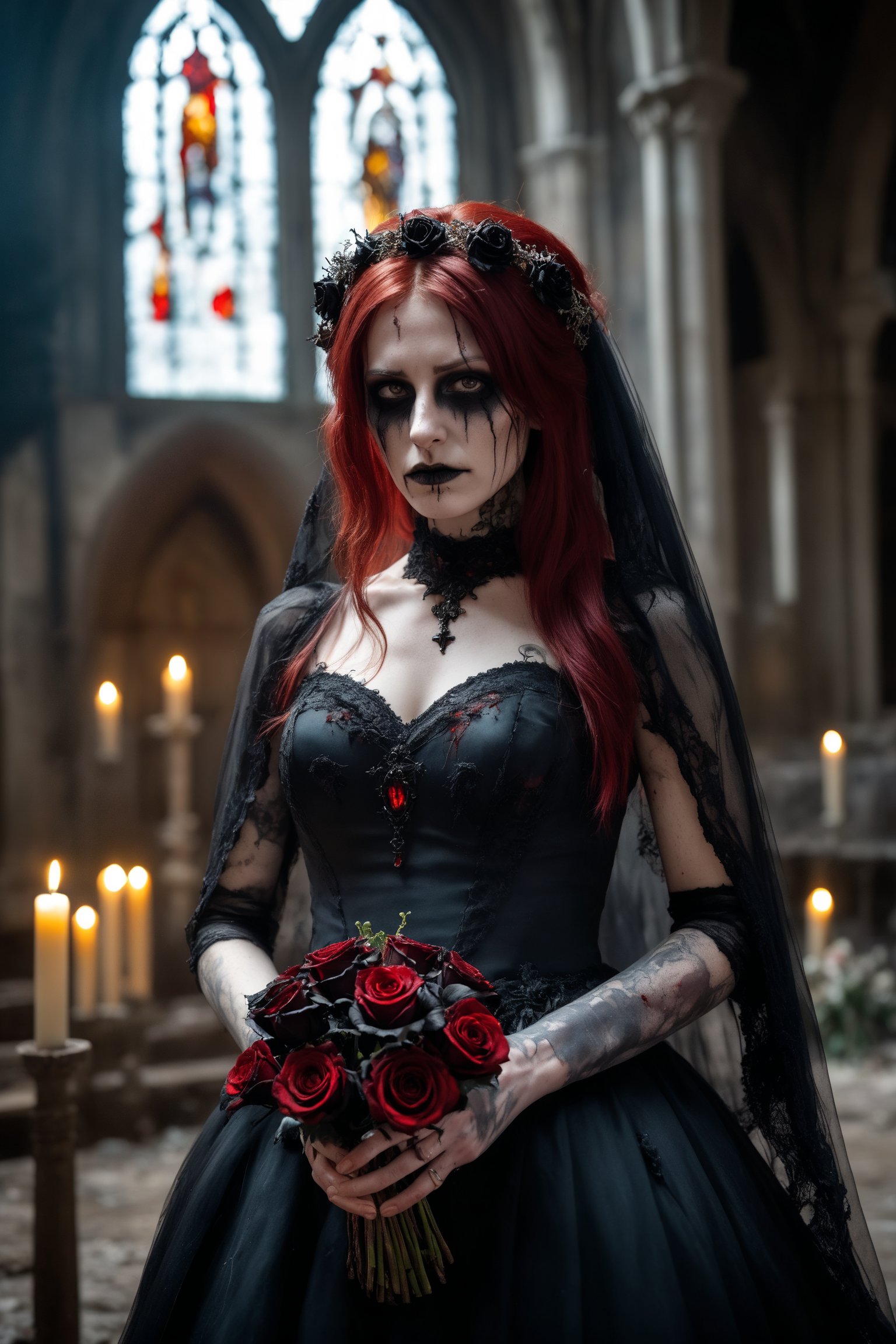 Horror-themed close up on face,bloody,evil,a 25 year old emo woman bride,holding a bouquet of decaying black roses with both hands,black goth style wedding dress,walking down the aisle in an ancient abandoned cathedral,stain glass windows in the background,candle lit,red hair,(highly detailed skin),perfect face,skin pores,(bokeh:0.6),sharp focus,dappled lighting,(backlighting:0.7),colored lighting from the stained glass,air particles,god rays,film grain,photographed on a Sony A7R IV,18mm F/1.7 cine lens,(highly detailed, intricately detailed),8k,HDR,front view,(full body visible:1.2) . award-winning,professional,highly detailed, . Eerie, unsettling, dark, spooky, suspenseful, grim, highly detailed