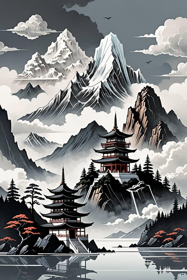 "Serene Sail" - Title: "Temple in the Sky" Minimalist ink sketch, double exposure effect, featuring a small Buddhist temple nestled high among mountain peaks and glaciers, while a mystical sailboat with a solitary sail glides through vast cumulus clouds, style reminiscent of Nihonga and Ukiyo-E, imbued with a perfect composition, an epic dreamy atmosphere, sharp focus, intricate details, trending on ArtStation, highly detailed work styled by Greg Rutkowski.