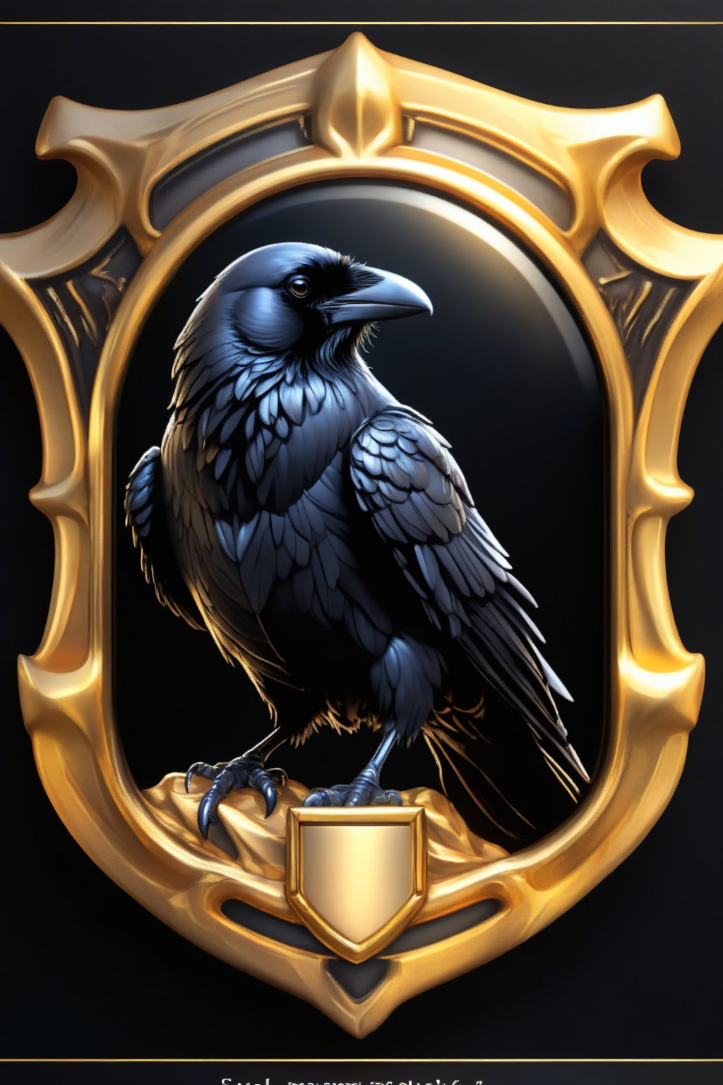 Masterpiece, realistic. High quality. Detailed. Badge. dark raven, golden frame,   black background, detailed paws